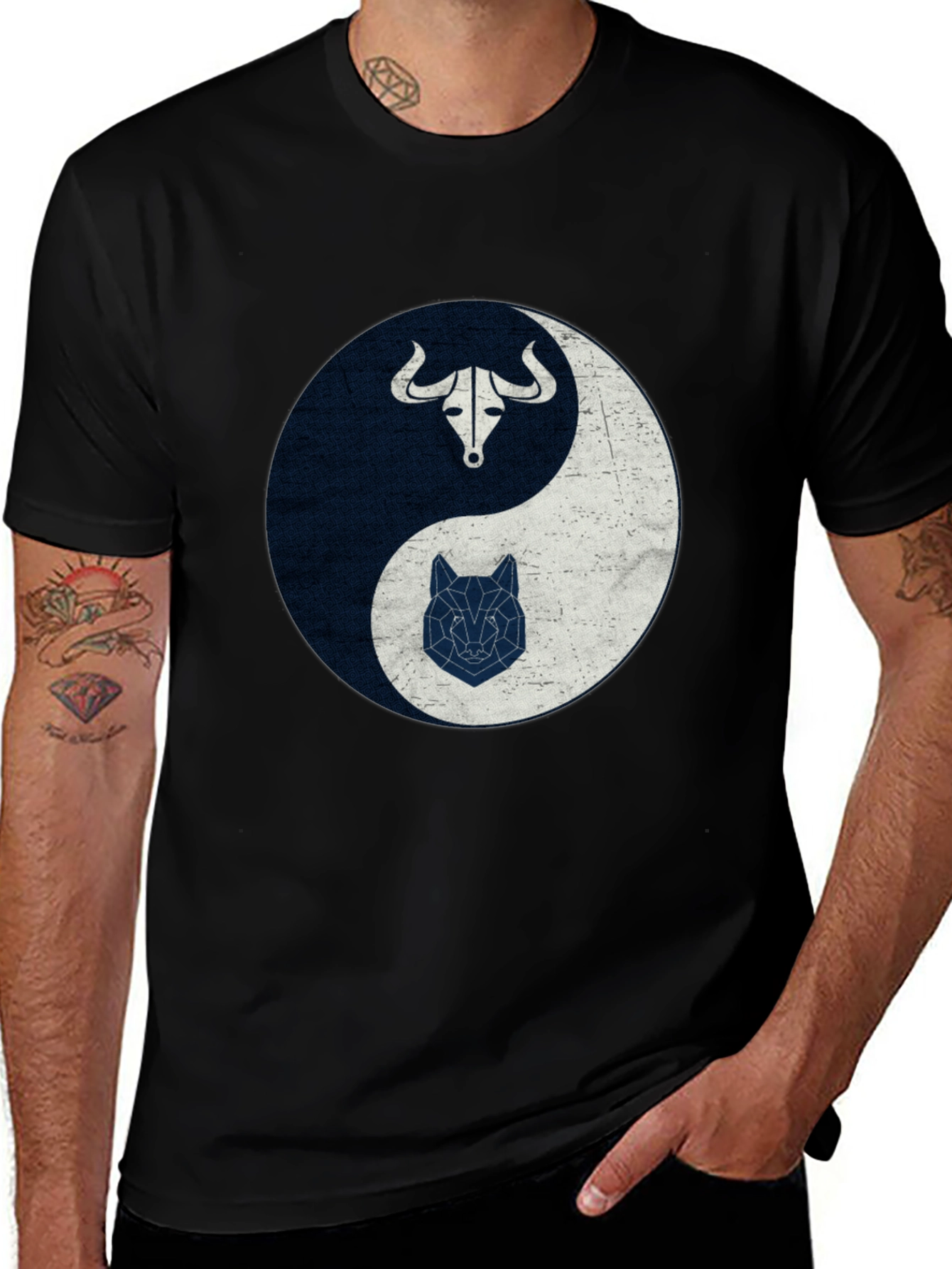 Variant 20 of Yin Yang Bull Wolf Graphic Tee - Balance Design