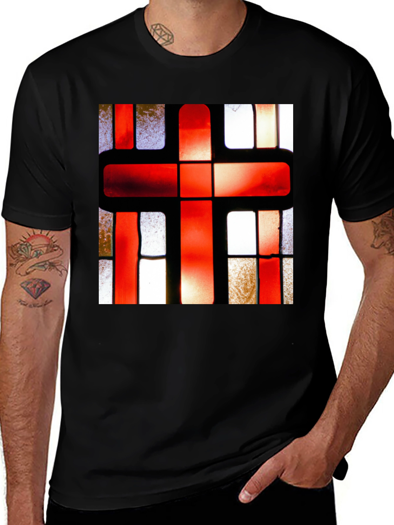 Red Cross Stained Glass Graphic T-Shirt