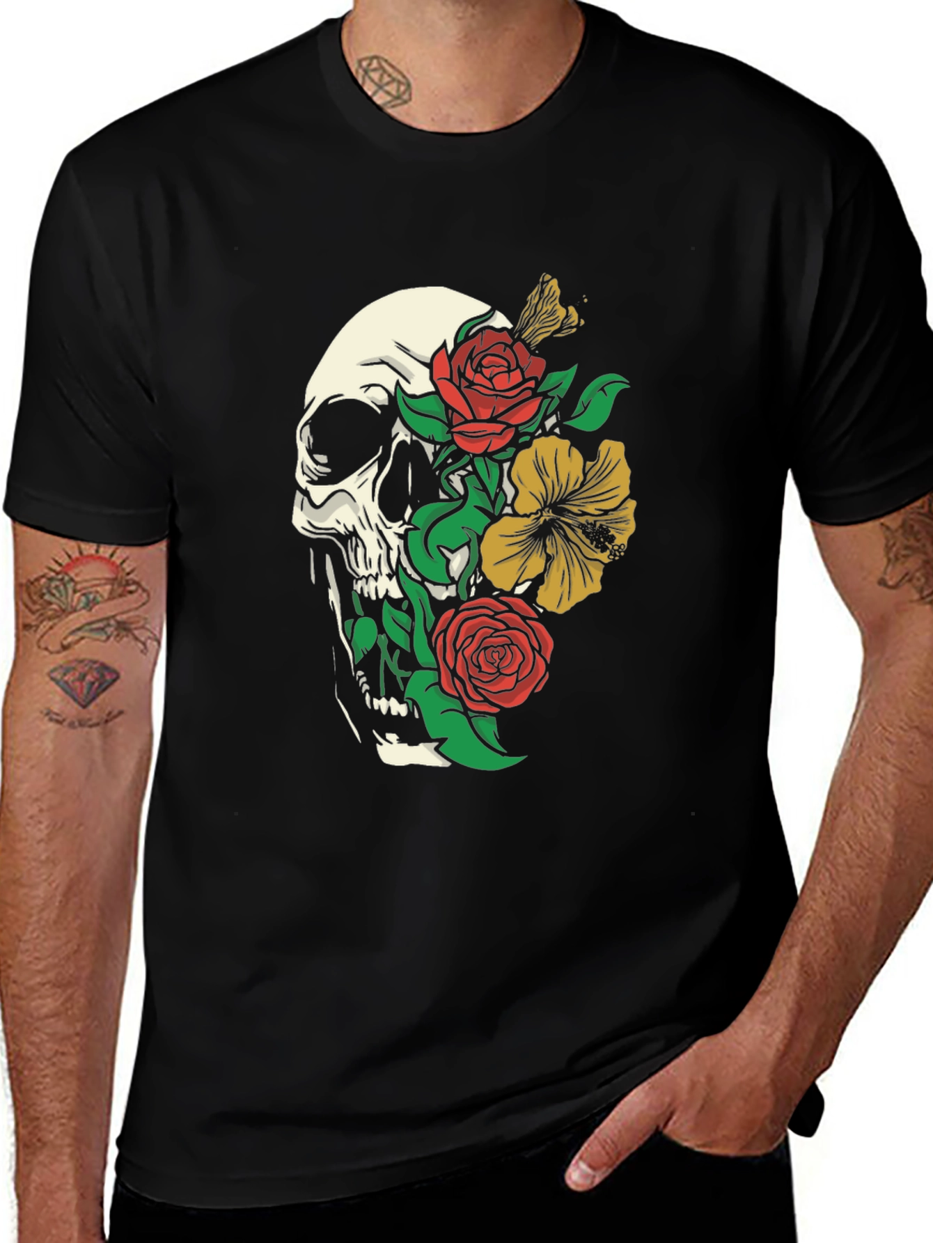Variant 15 of Skull and Floral Graphic Print T-Shirt - Black