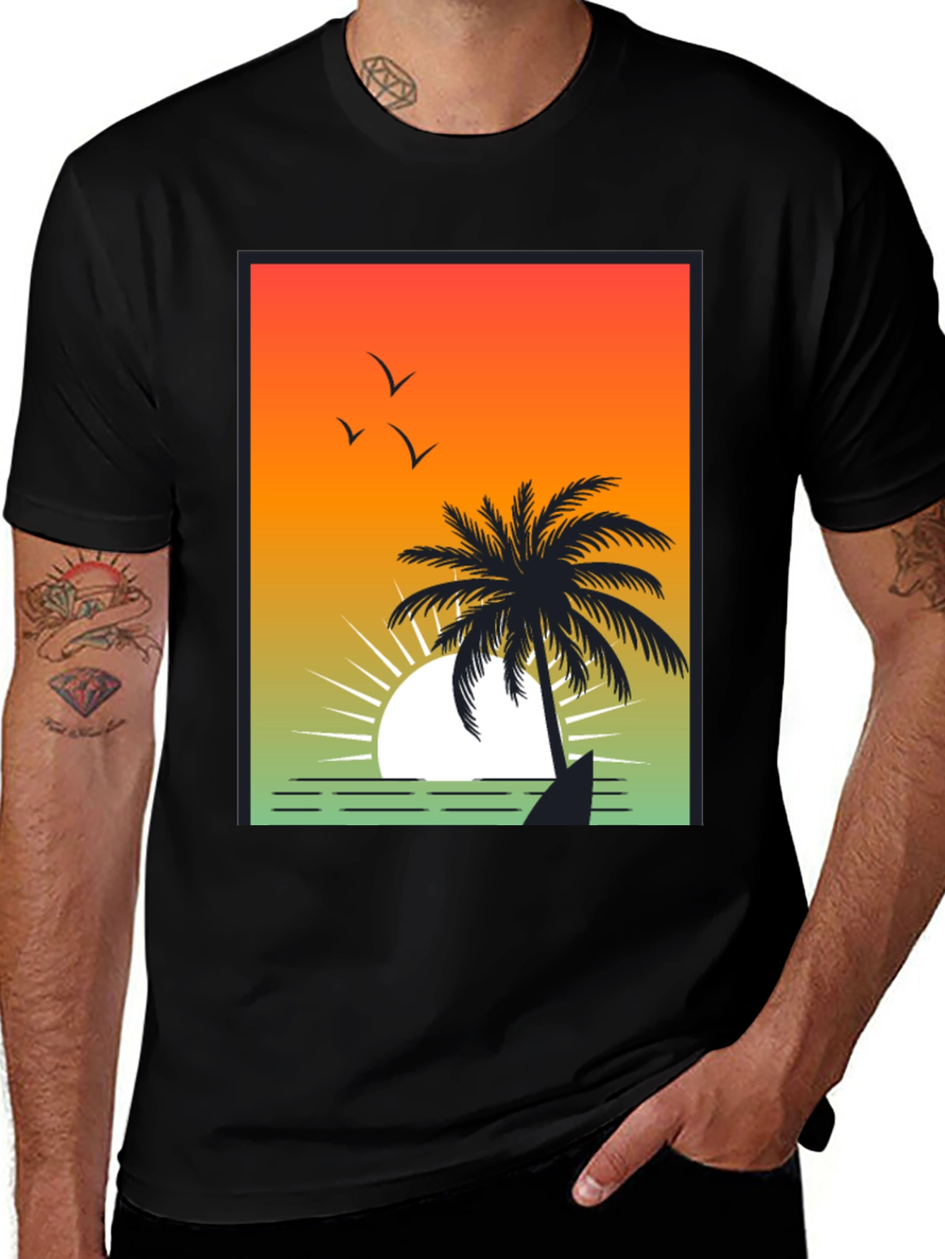 Variant 20 of Sunset Palm Tree Graphic Tee - Black Cotton T-Shirt