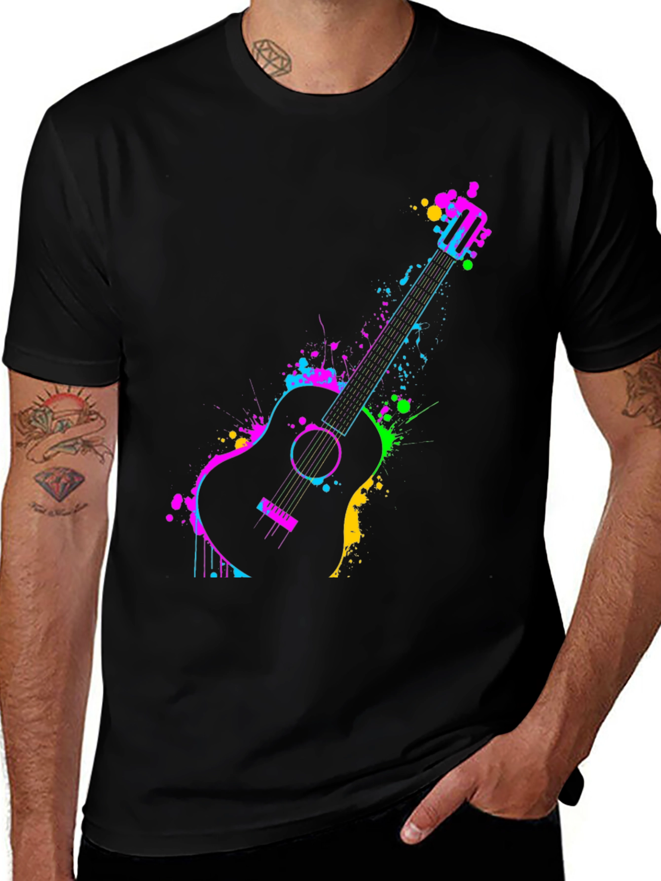 Variant 17 of Neon Guitar Splash Graphic Tee - Black