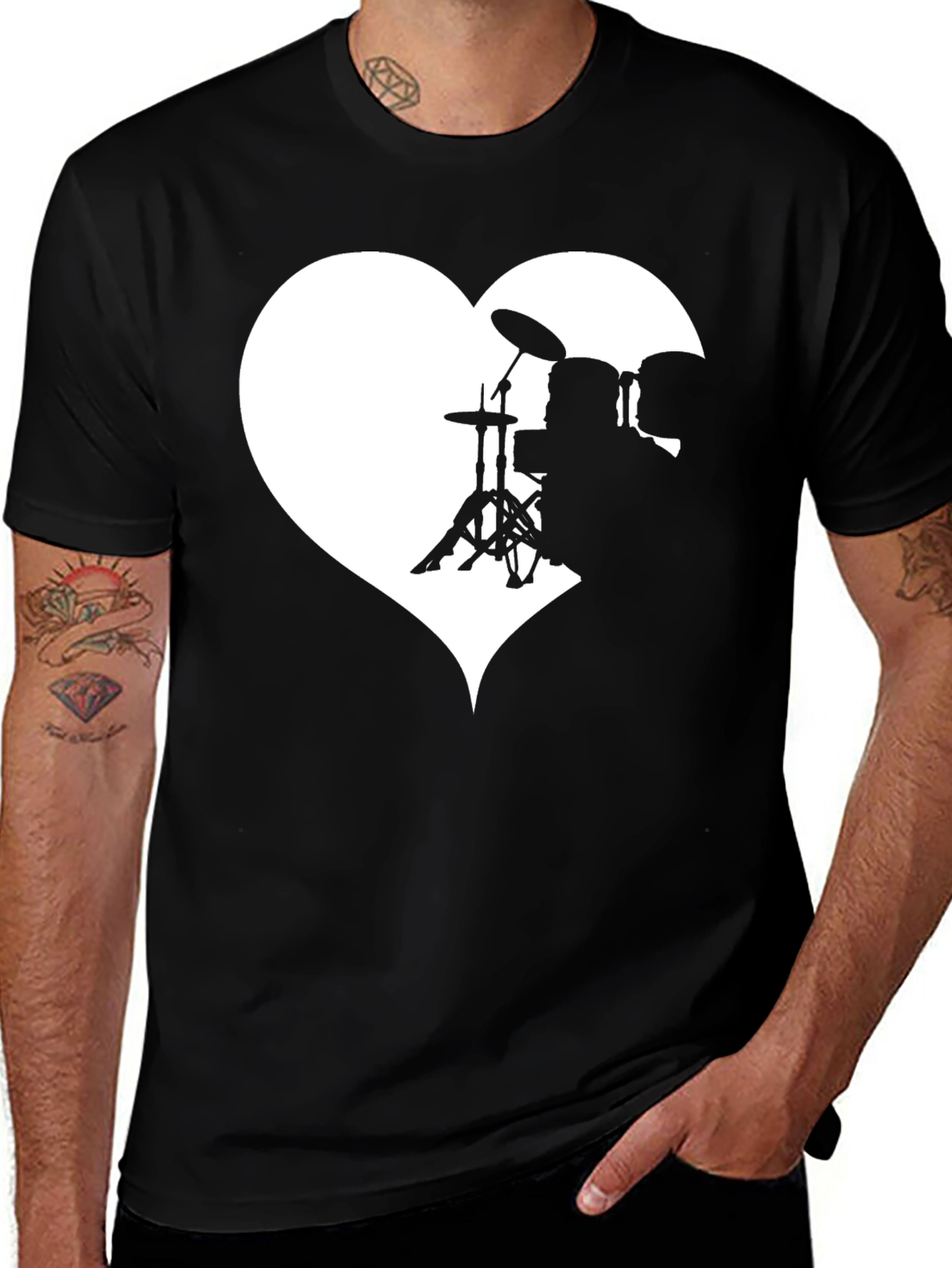 Variant 7 of Drum Set Heart Graphic Tee - Black Crew Neck
