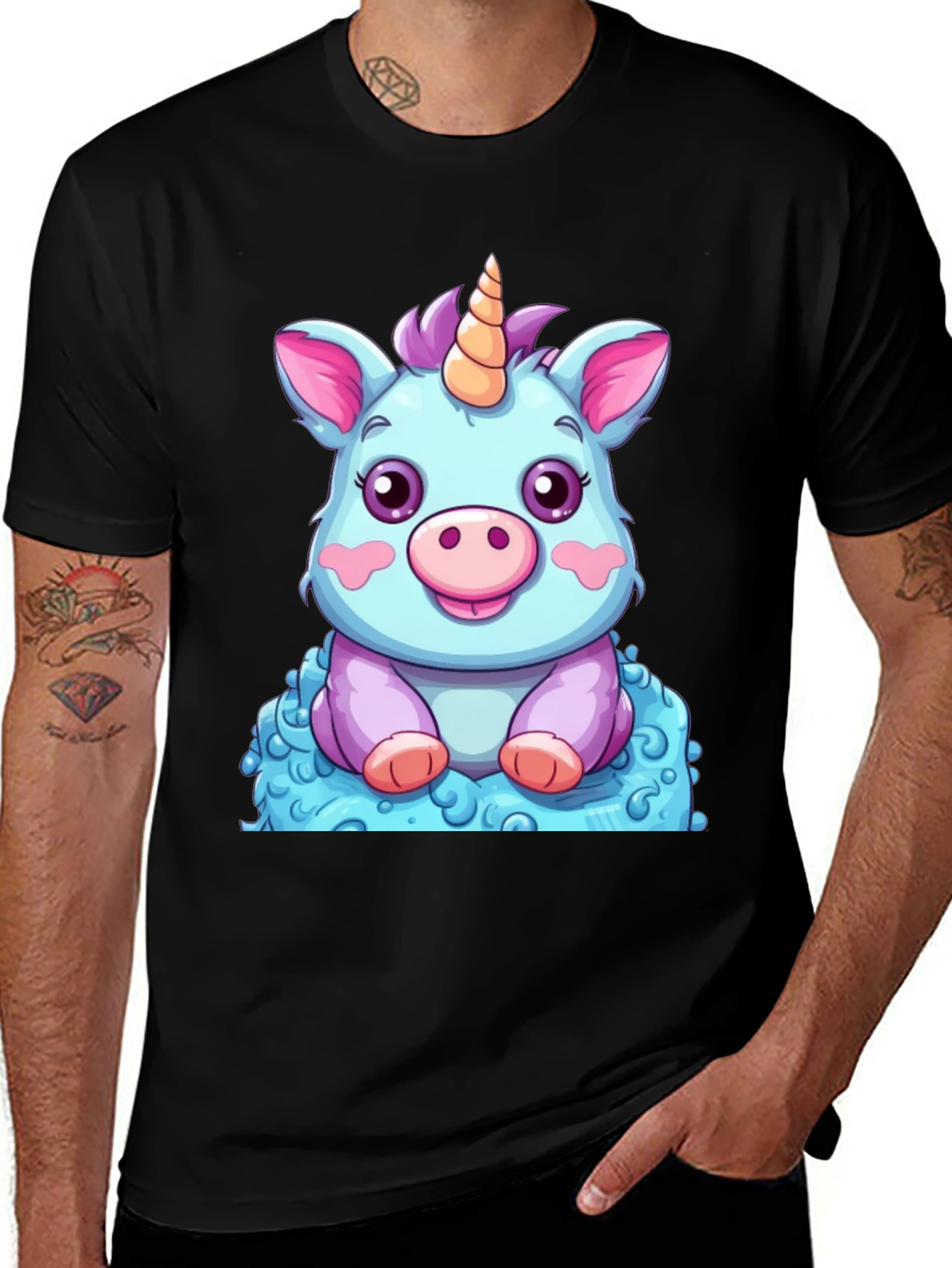 Variant 28 of Cute Unicorn Cartoon Graphic Black T-Shirt