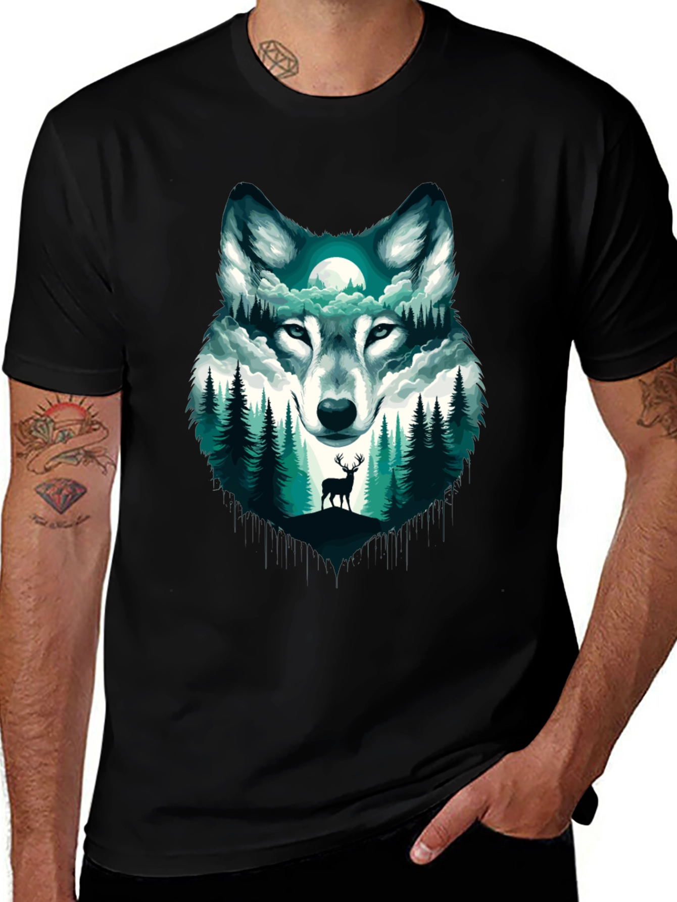 Black Wolf & Forest Graphic Tee - Nature Inspired Design main image