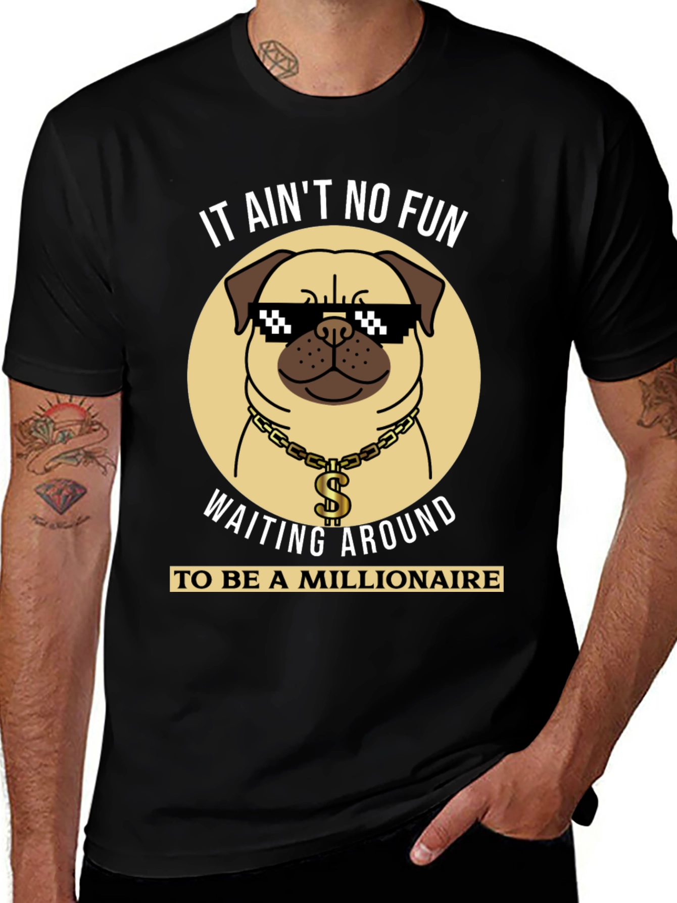 Variant 9 of Funny Pug Millionaire Black T-Shirt