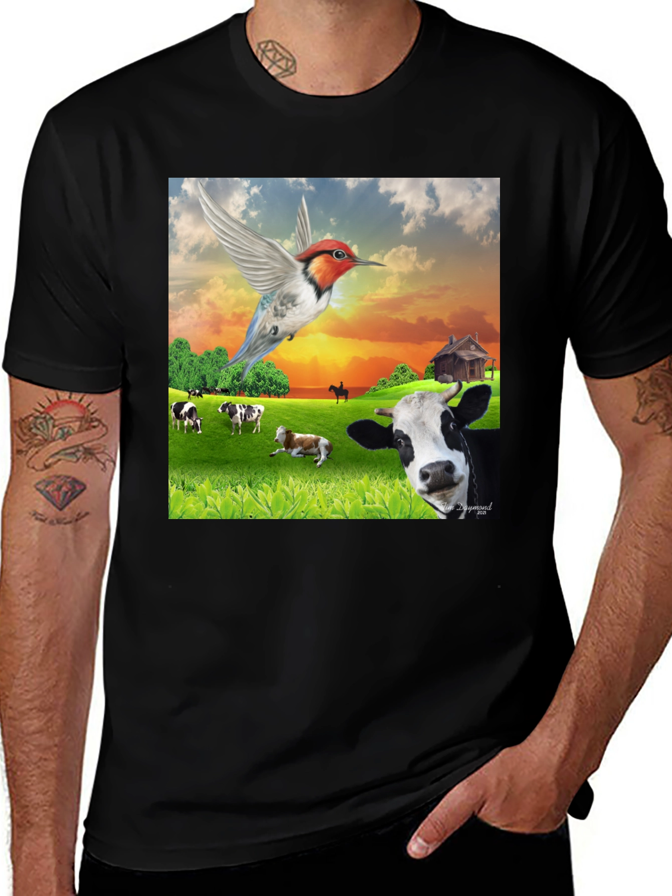 Variant 9 of Hummingbird & Cow Graphic Tee - Quirky Farm Life Shirt