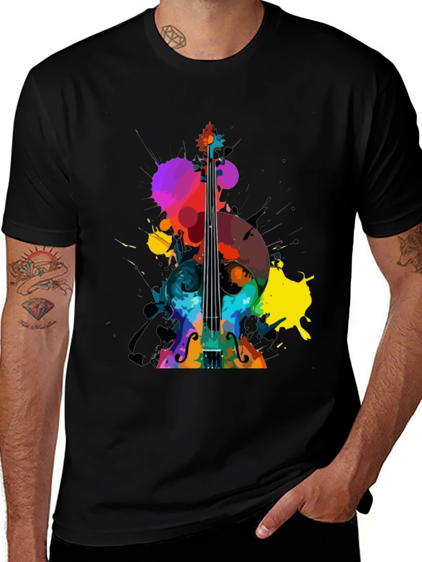 Variant 13 of Vibrant Watercolor Cello Graphic Tee - Black