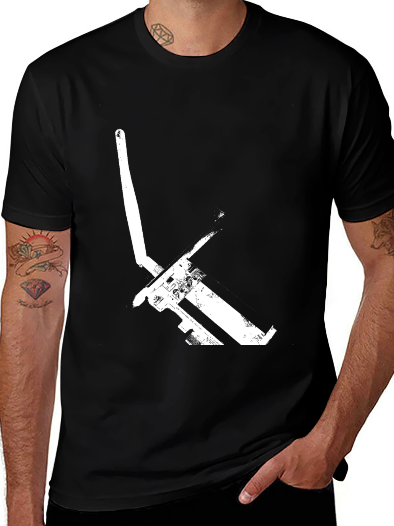Black Graphic Tee: Minimalist White Pickaxe Print - Black Cotton T-Shirt main image