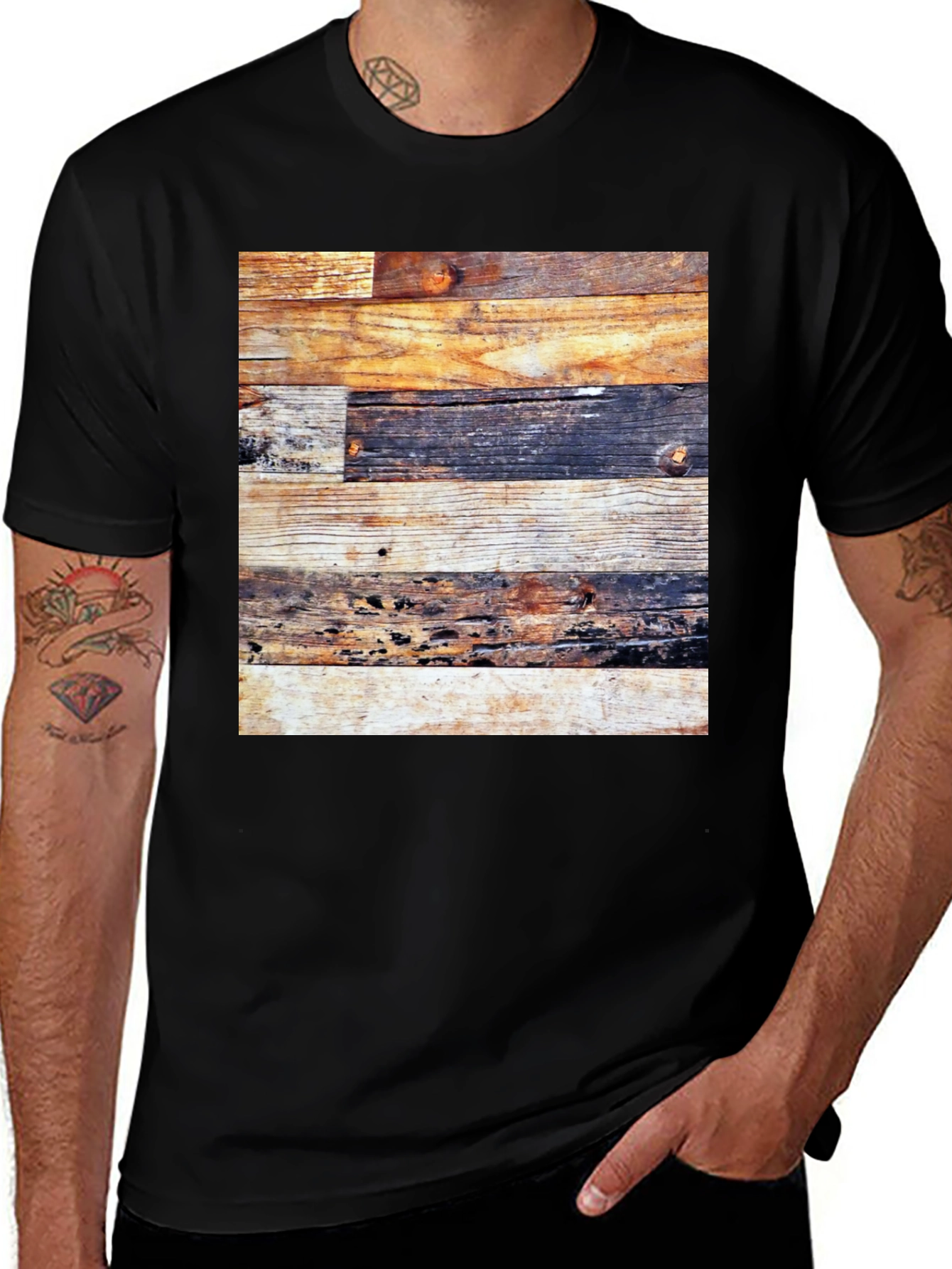 Variant 4 of Rustic Wood Panel Tee - Graphic Print Black Shirt