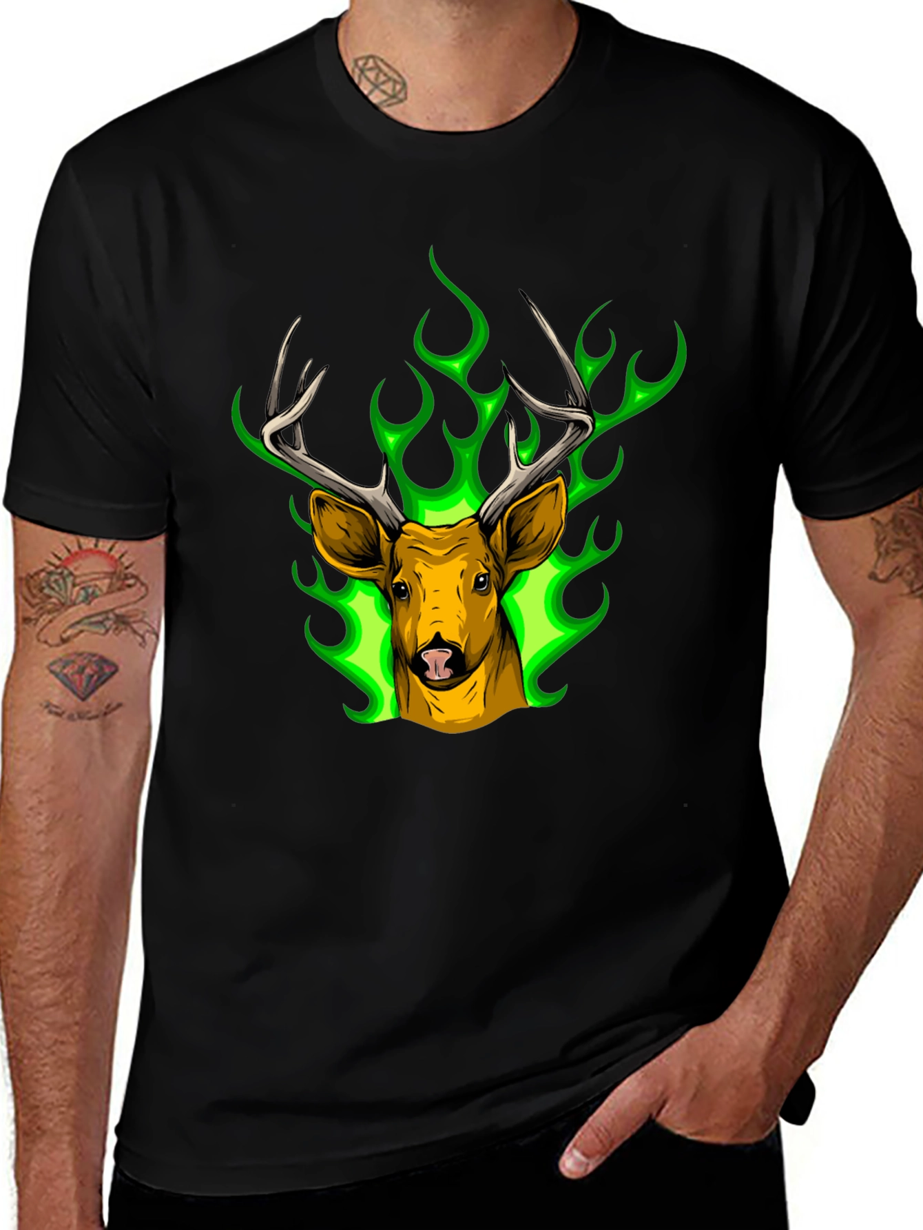 Variant 30 of Deer Head Graphic Tee - Green Flame Stag Design