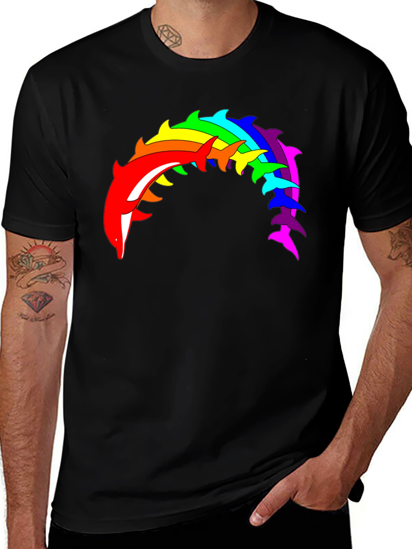 Variant 8 of Rainbow Dolphin Graphic Tee - Black Cotton T-Shirt