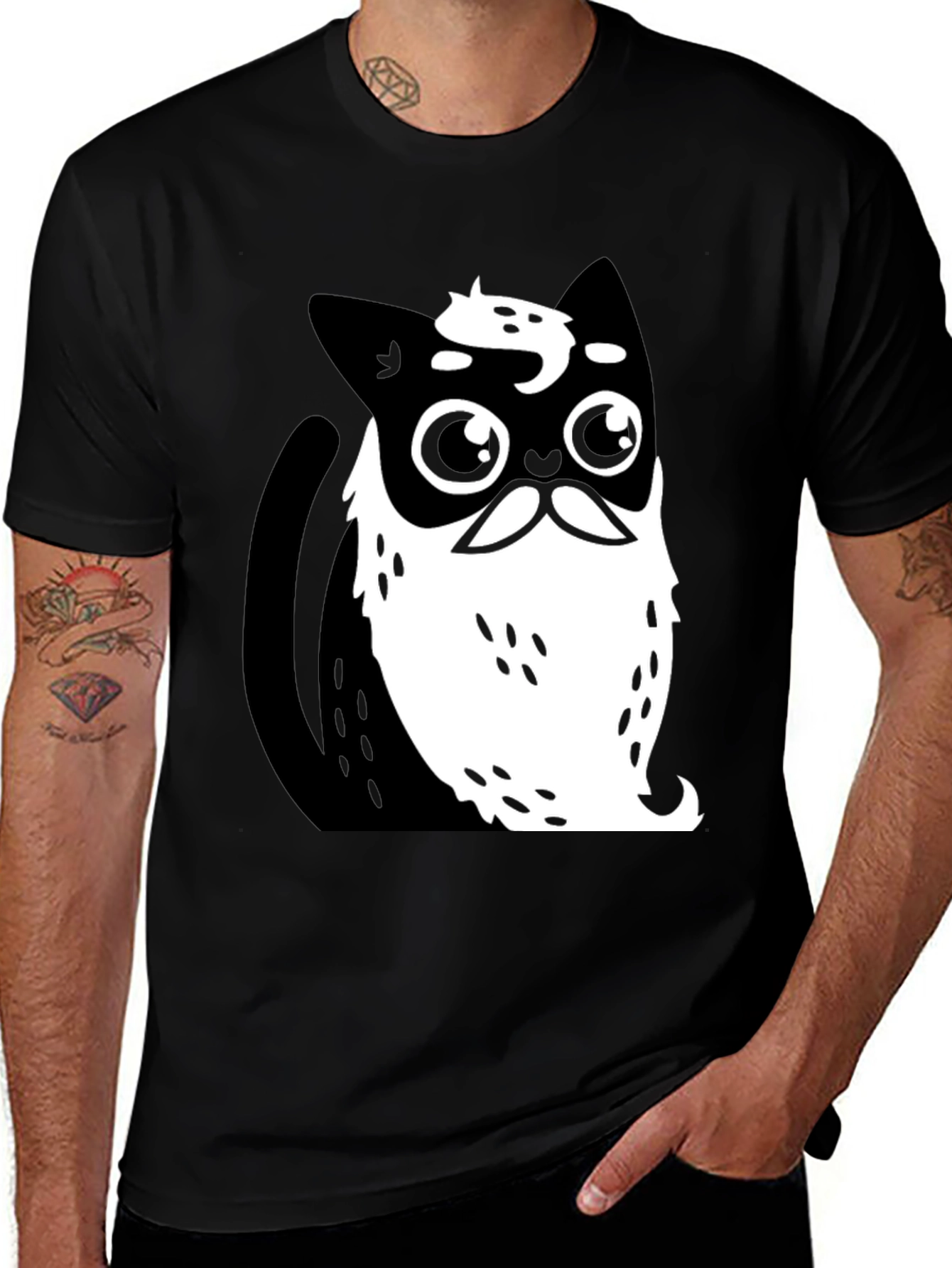 Variant 2 of Cool Cat with Beard Graphic T-Shirt - Black