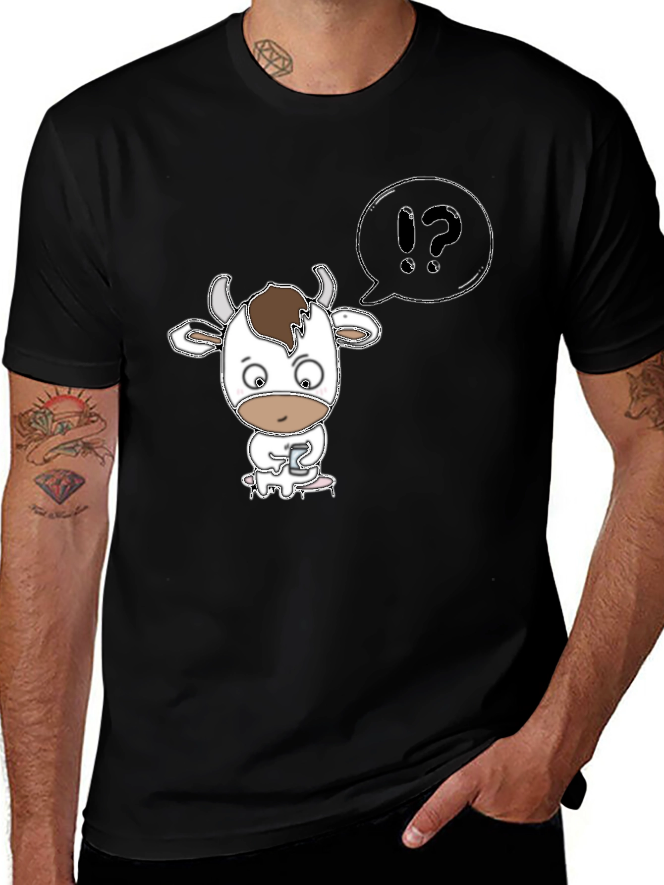Variant 11 of Cow Cartoon T-Shirt: "What?" Black Tee