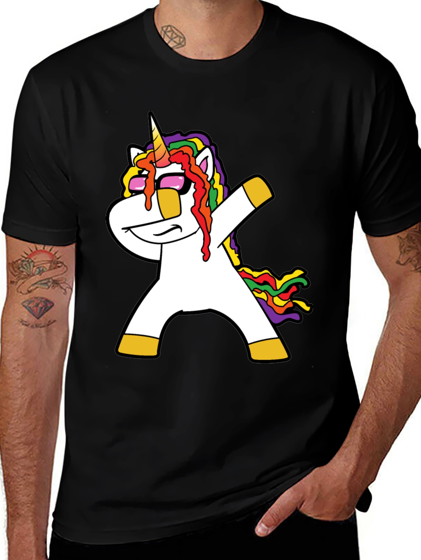Variant 28 of Dabbing Unicorn Men's T-Shirt - Black Crew Neck Tee