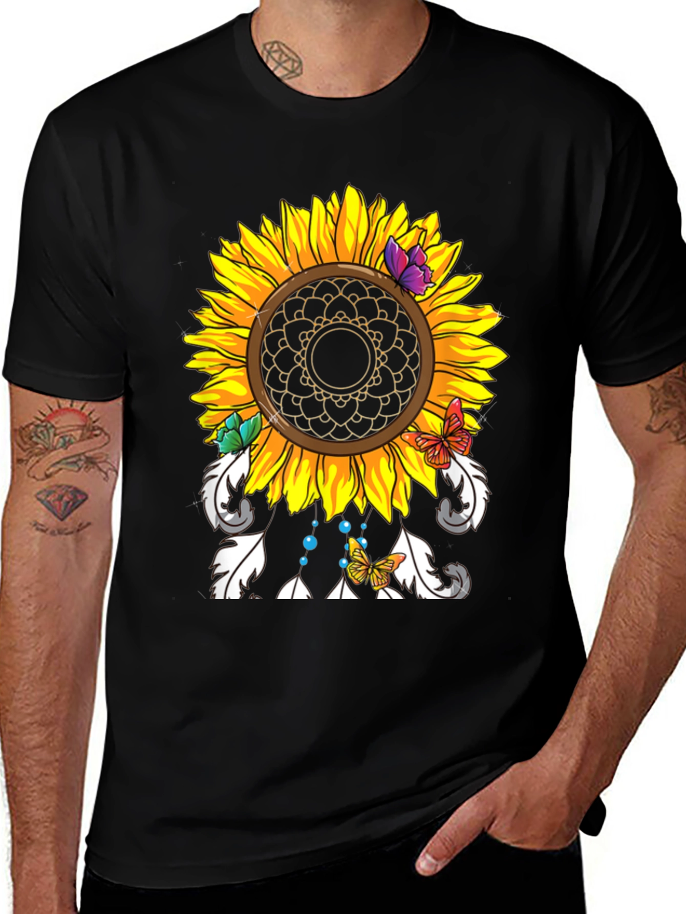 Variant 15 of Sunflower Mandala Graphic Tee - Black Cotton Shirt