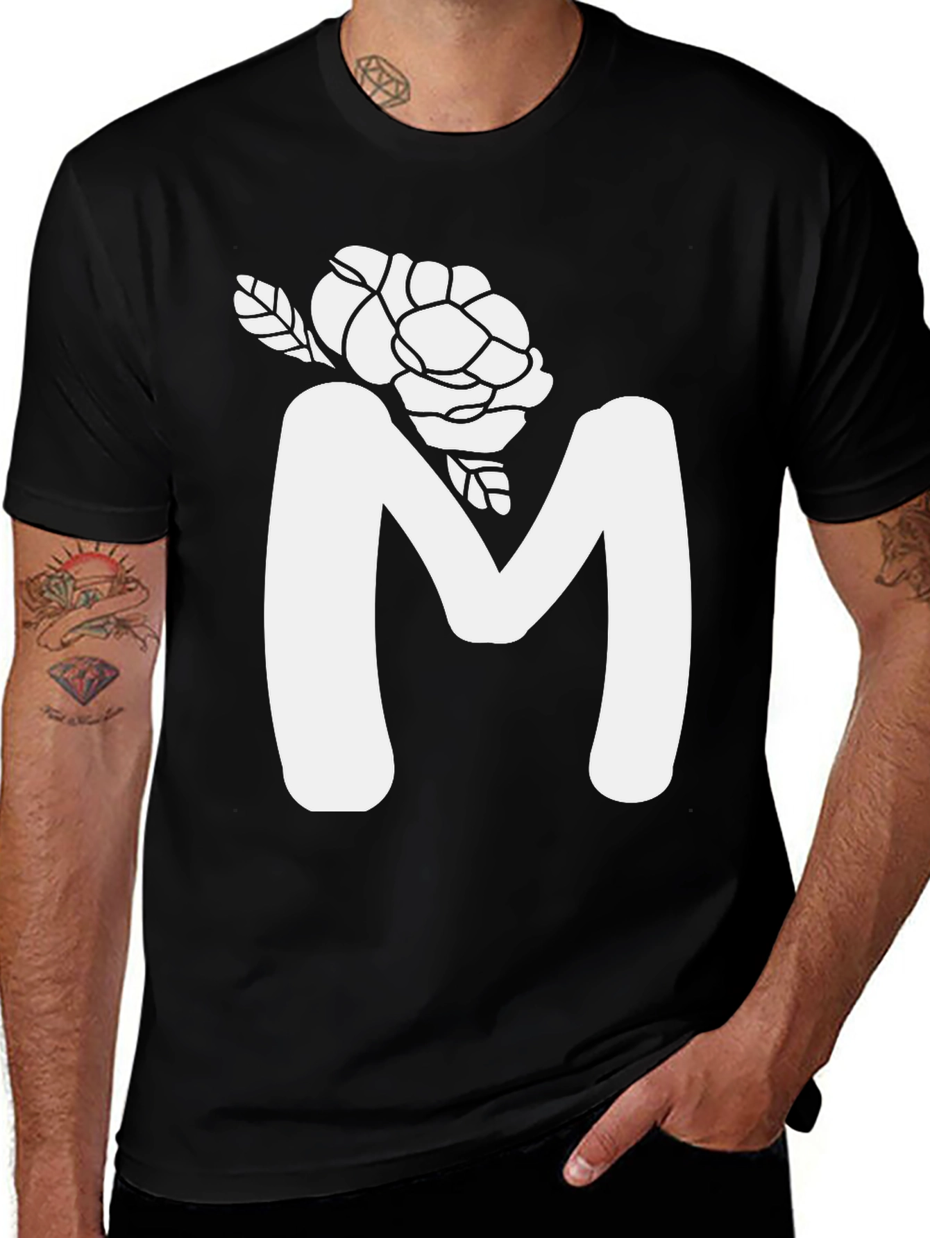 Variant 22 of Floral M Initial T-Shirt - Black Cotton Tee
