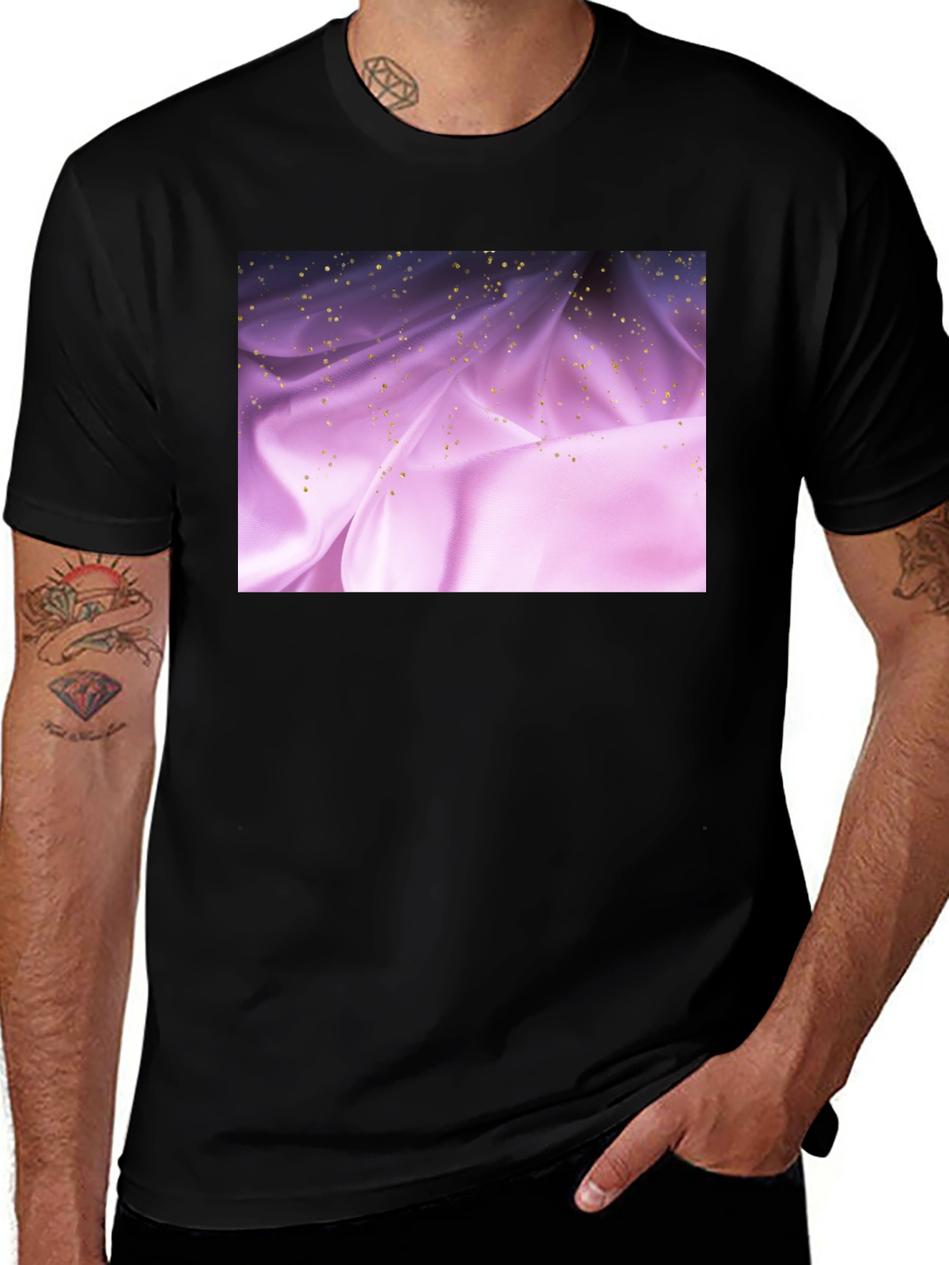 Variant 10 of Elegant Black Tee with Shimmering Purple Fabric Design
