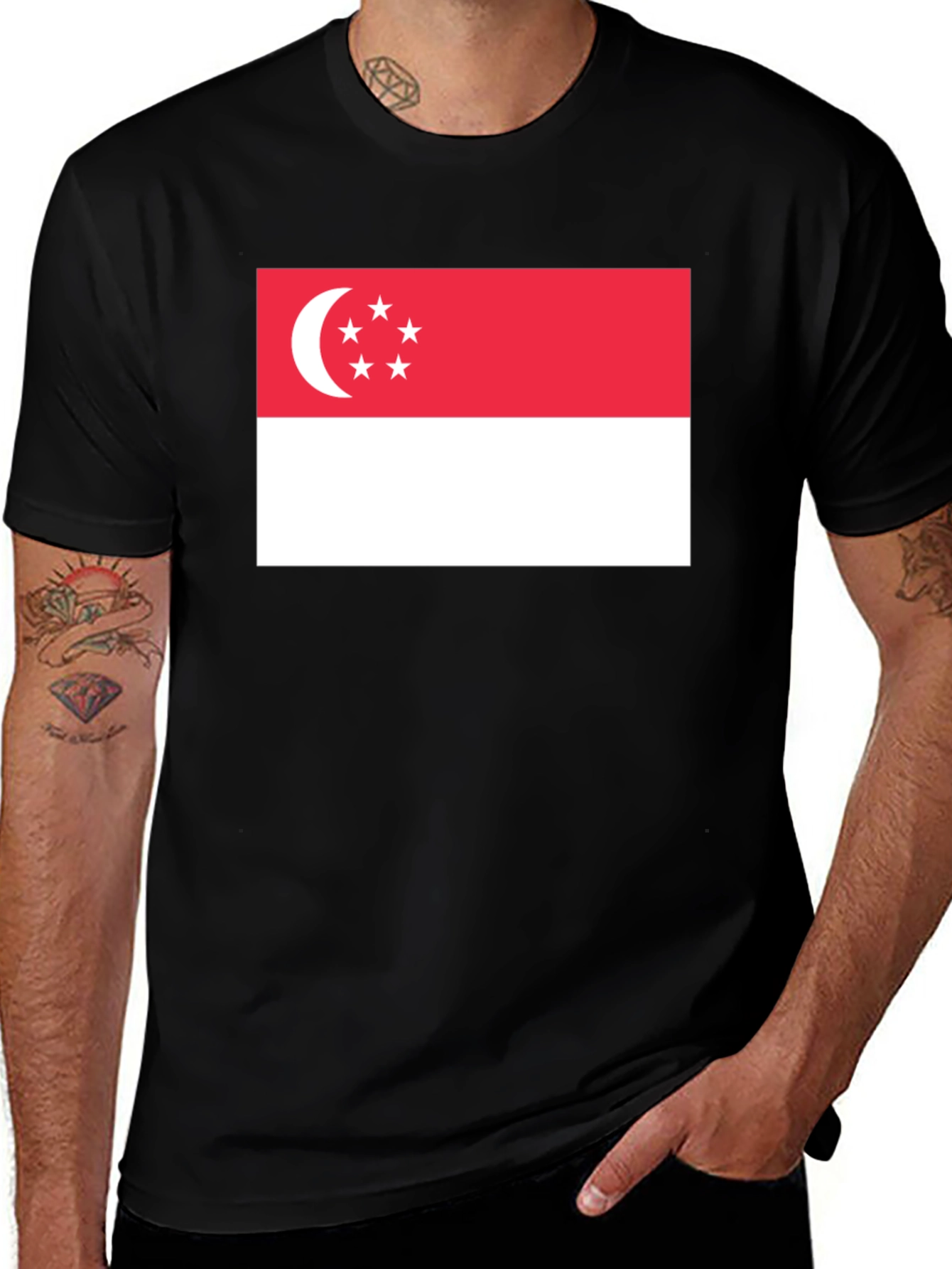 Singapore Flag T-Shirt - Black Crew Neck Tee