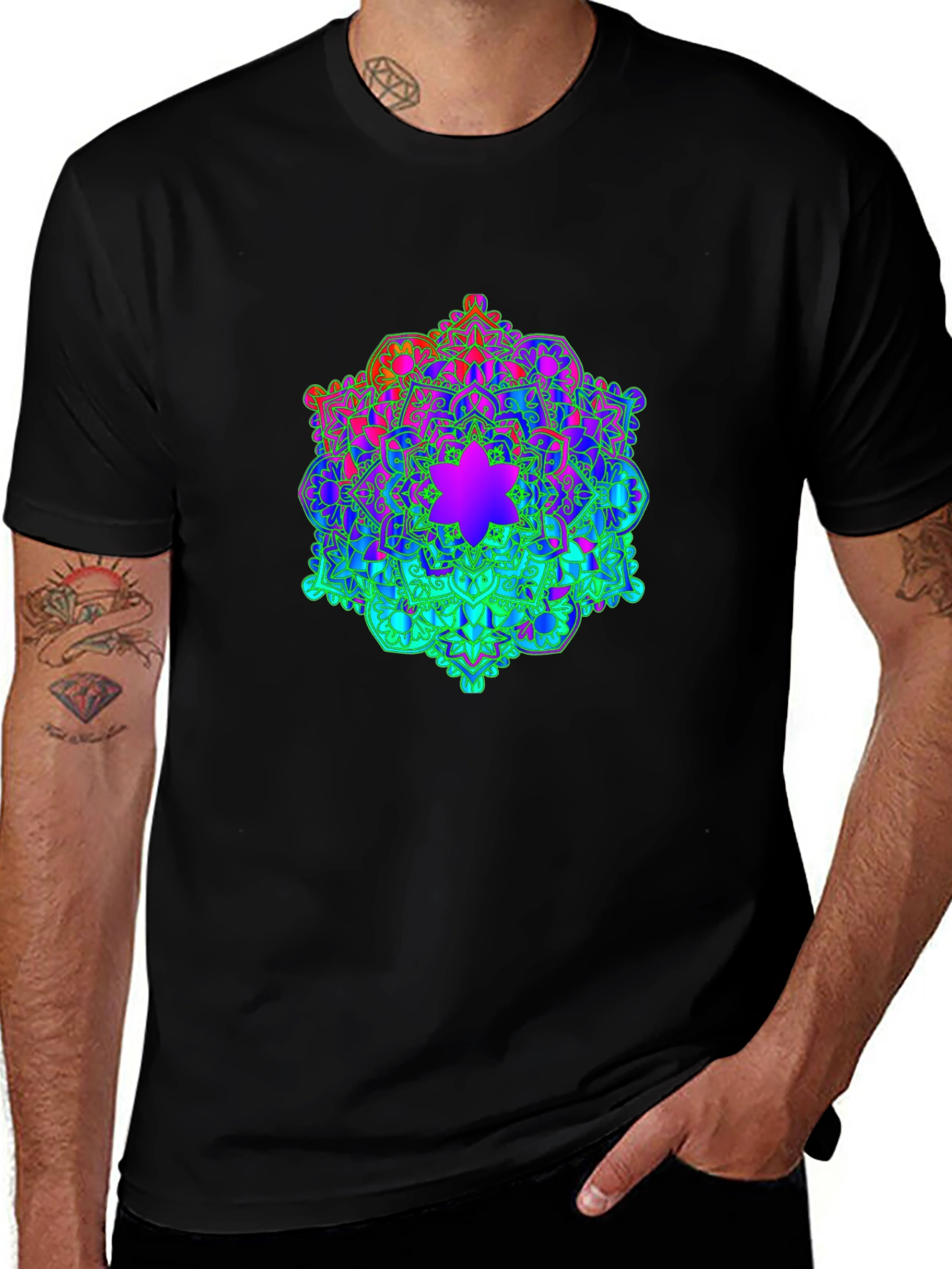 Variant 7 of Rainbow Mandala Graphic Print Black T-Shirt