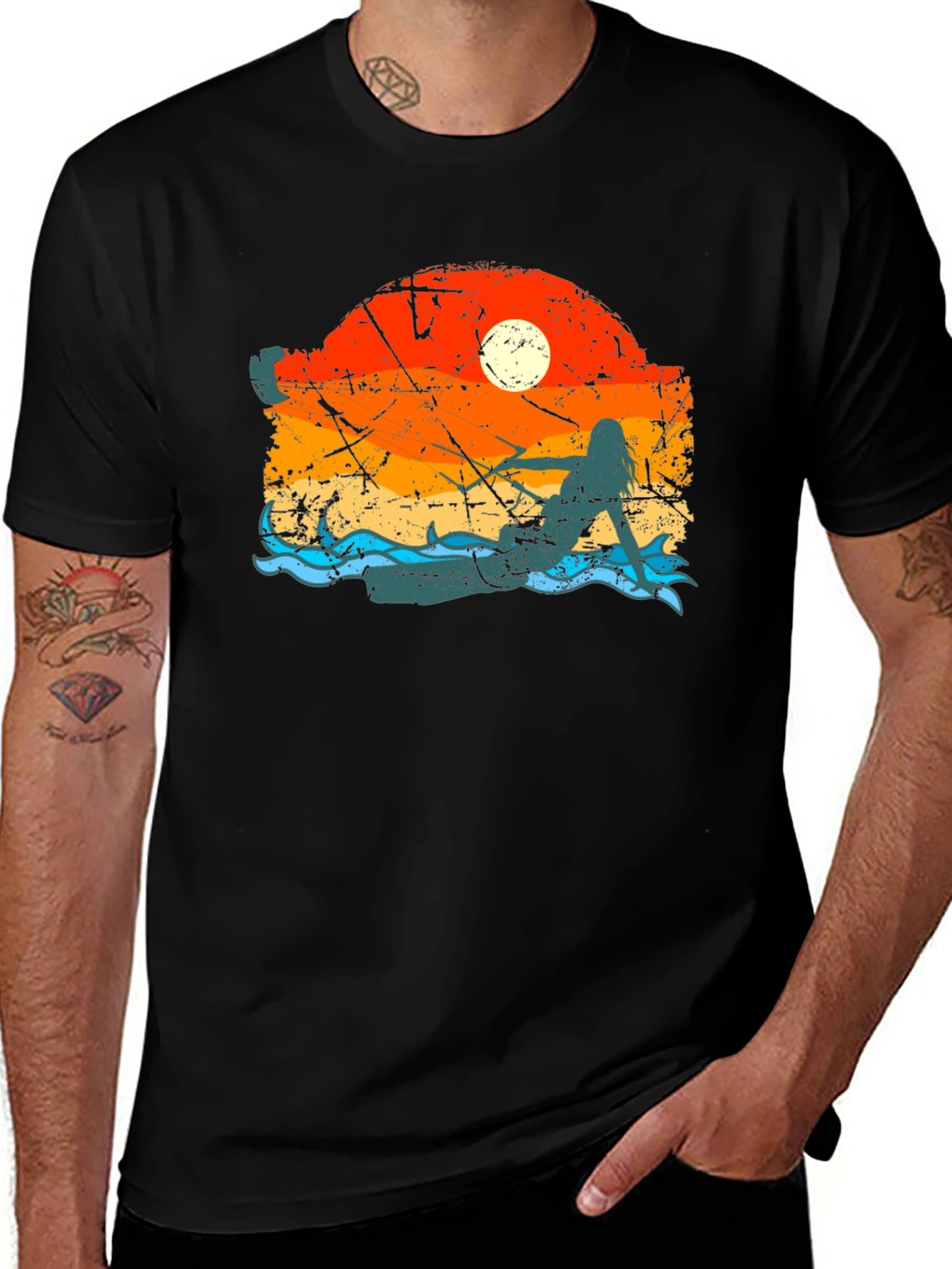 Variant 17 of Mermaid Sunset Graphic Tee - Black Cotton Comfort