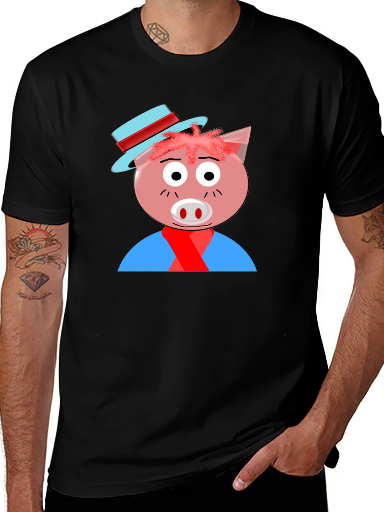 Variant 9 of Cartoon Pig Graphic Tee - Black Casual T-Shirt
