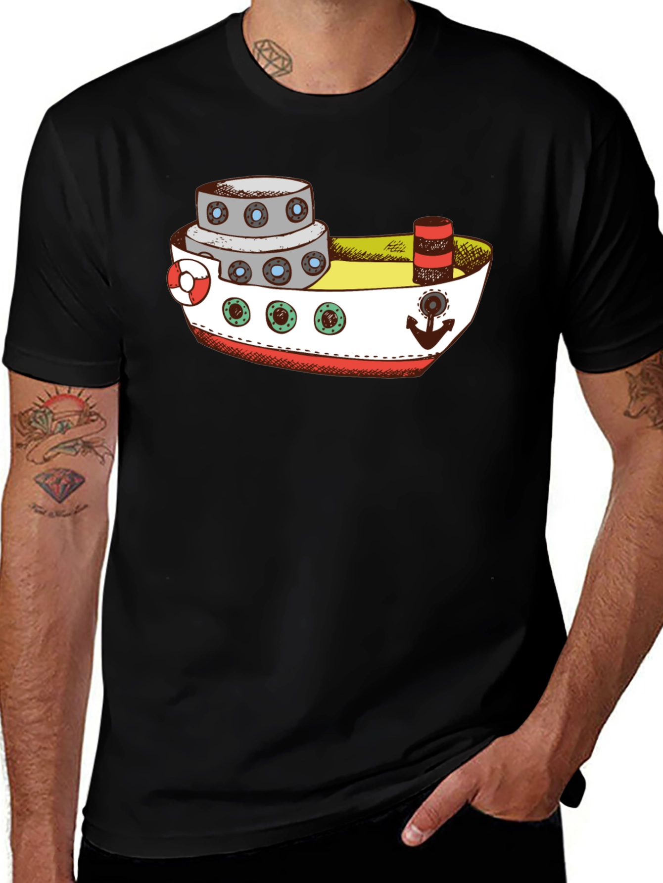 Variant 30 of Cartoon Boat Graphic Tee - Black Cotton Comfort