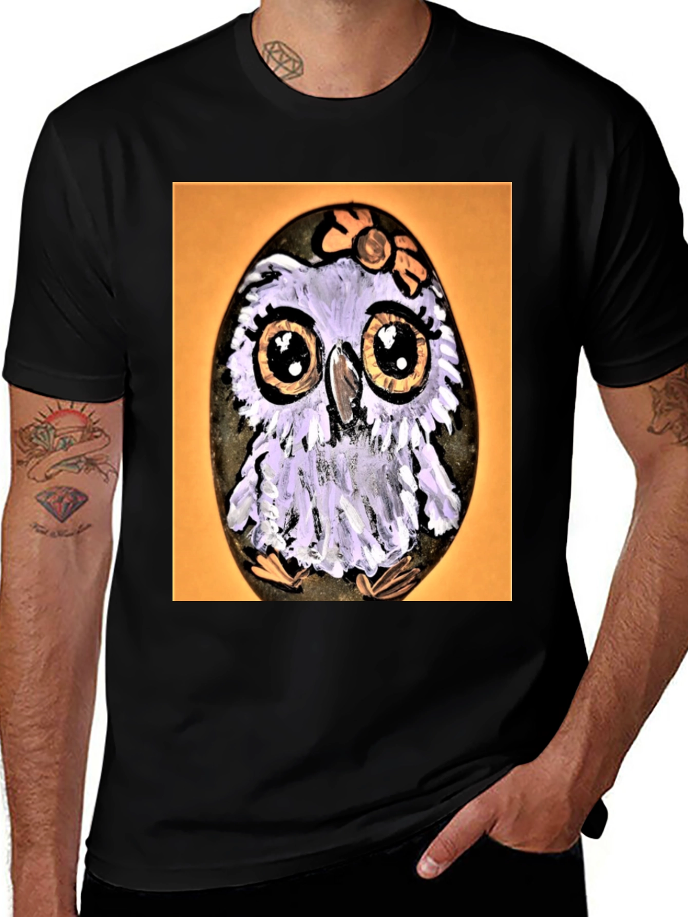 Variant 9 of Painted Owl Rock on Black T-Shirt