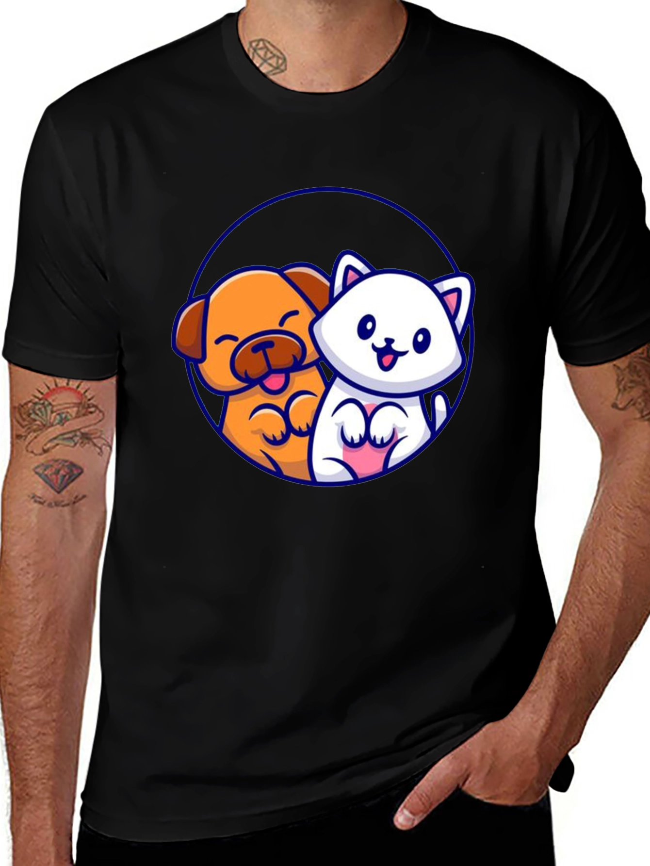 Variant 5 of Cute Cartoon Dog and Cat Graphic Black T-Shirt