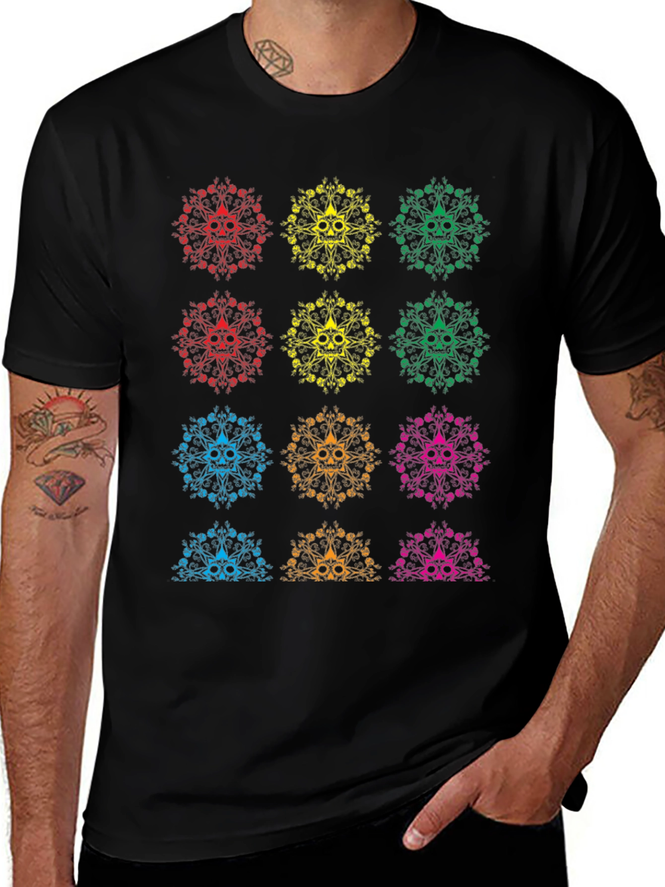 Variant 24 of Colorful Skull Mandala Black T-Shirt