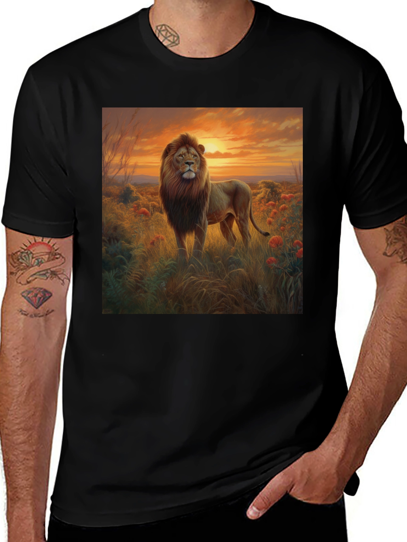 Lion Sunset Graphic Black T-Shirt