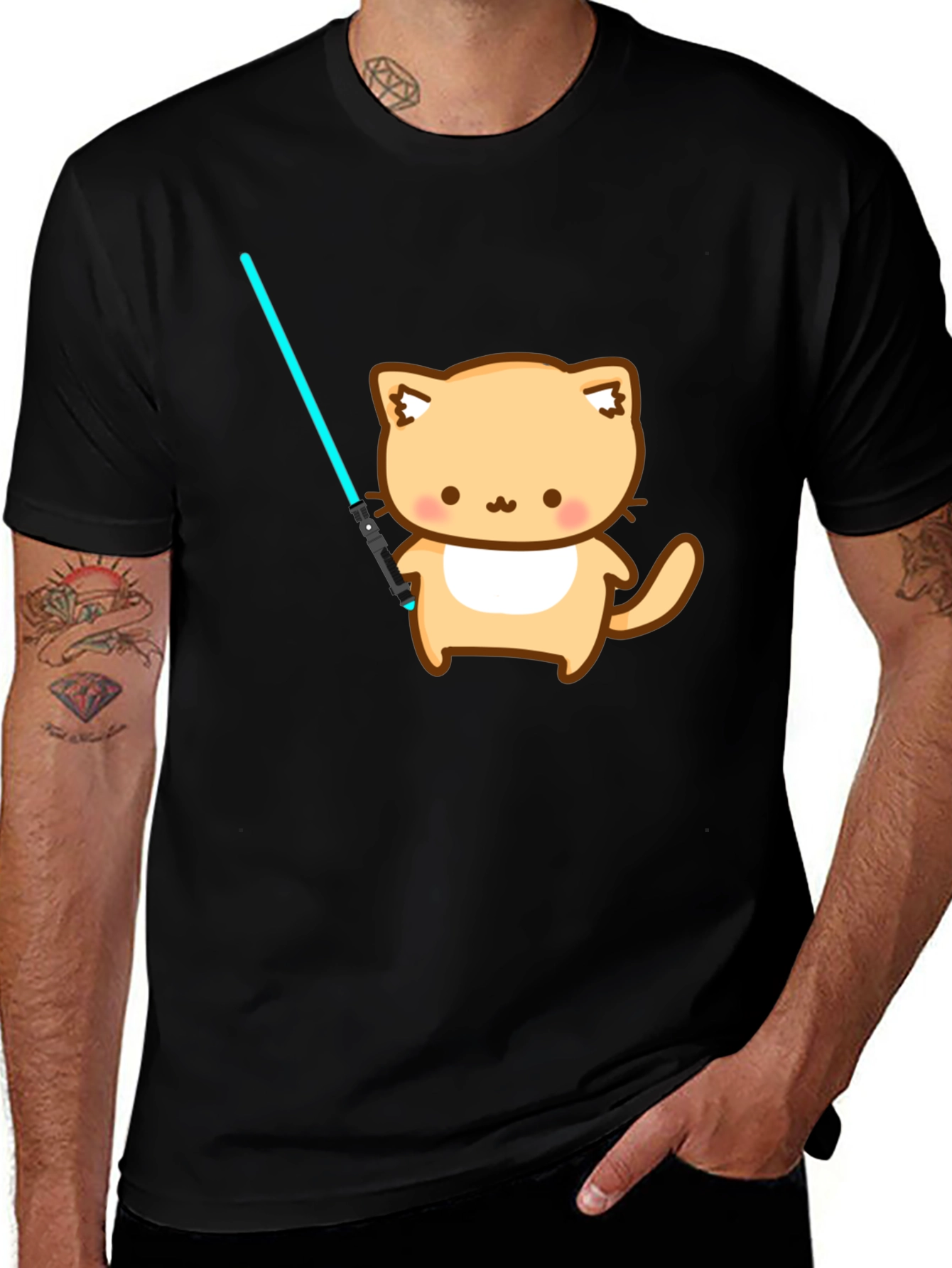 Variant 20 of Kawaii Cat with Lightsaber Black T-Shirt