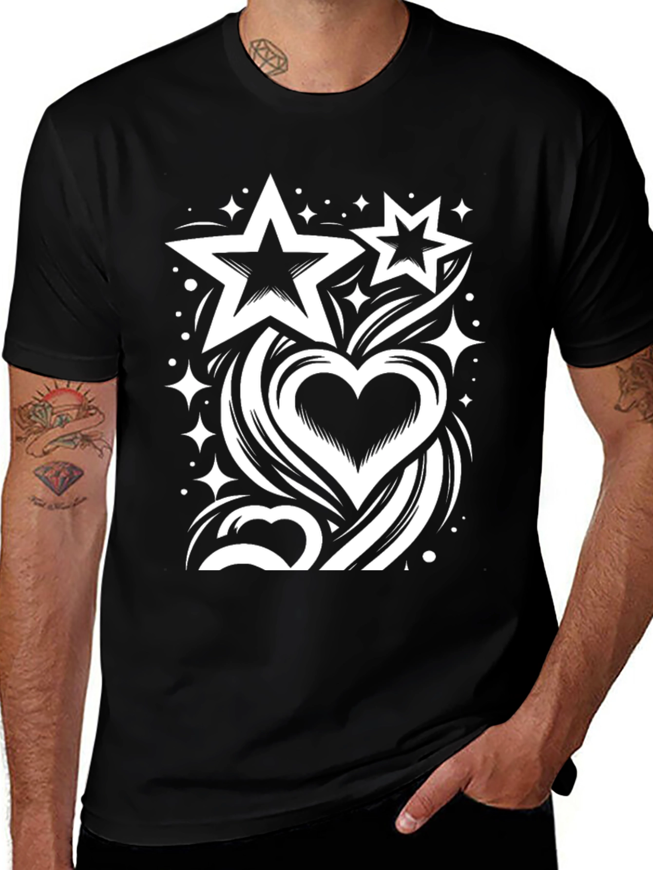 Variant 19 of Stars & Heart Graphic Black T-Shirt