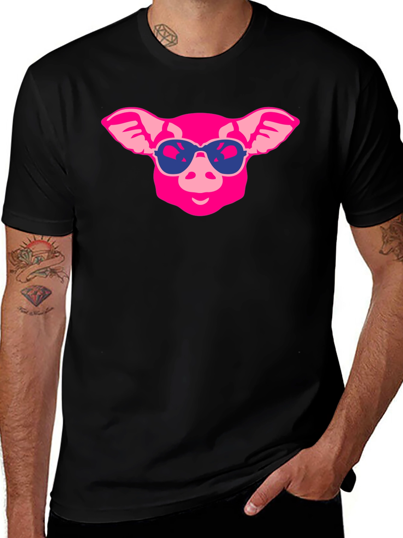 Variant 16 of Cool Pig T-Shirt - Men's Black Tee with Pink Pig Graphic