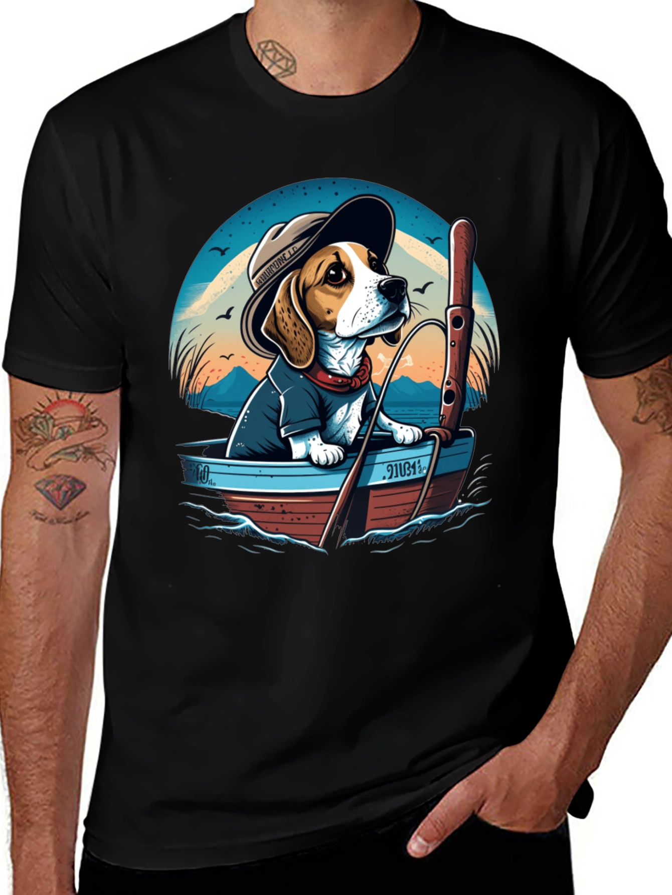 Variant 11 of Beagle Dog Fishing Boat Graphic Tee