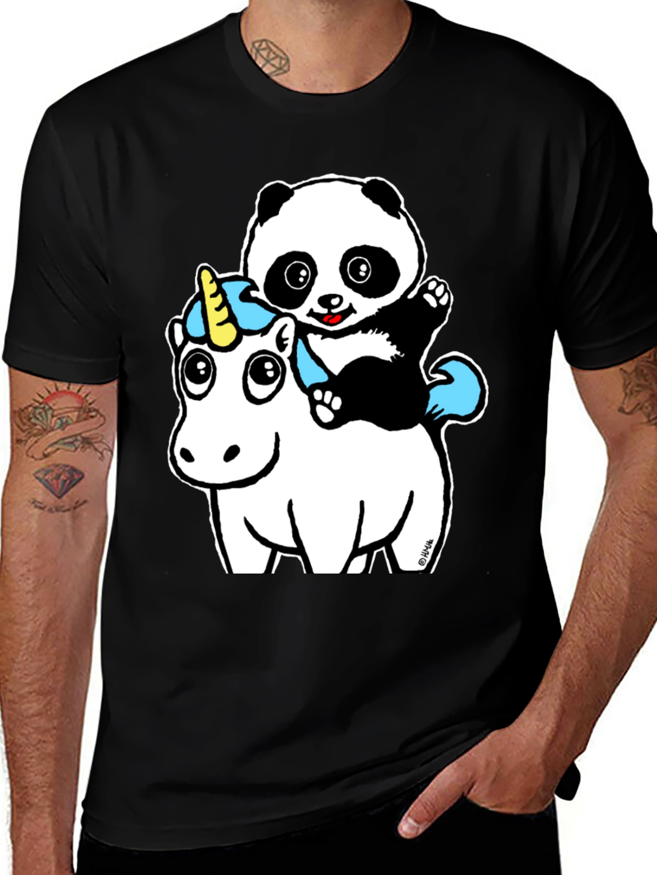 Variant 14 of Panda Riding Unicorn Graphic Tee - Black Cotton T-Shirt