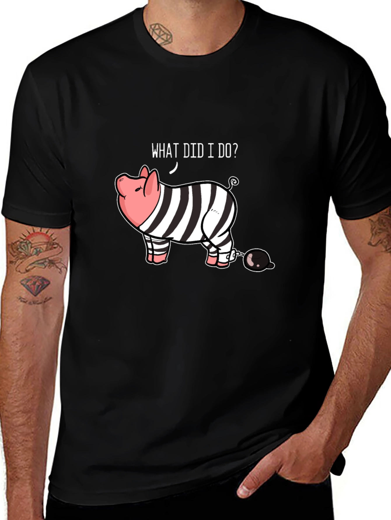 Variant 14 of Funny "What Did I Do?" Pig in Jail T-Shirt