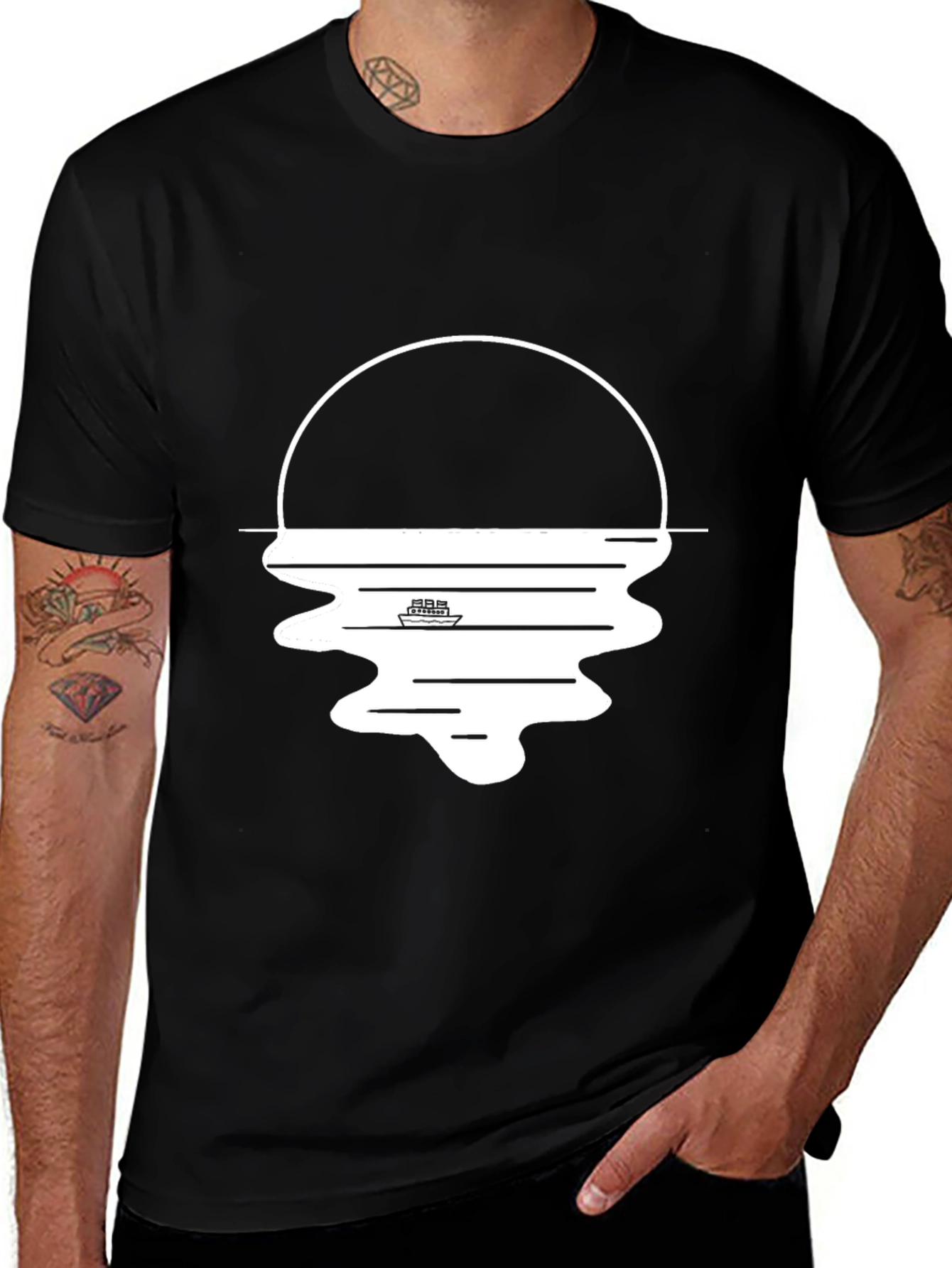 Variant 17 of Abstract Sunset Boat Graphic Black T-Shirt