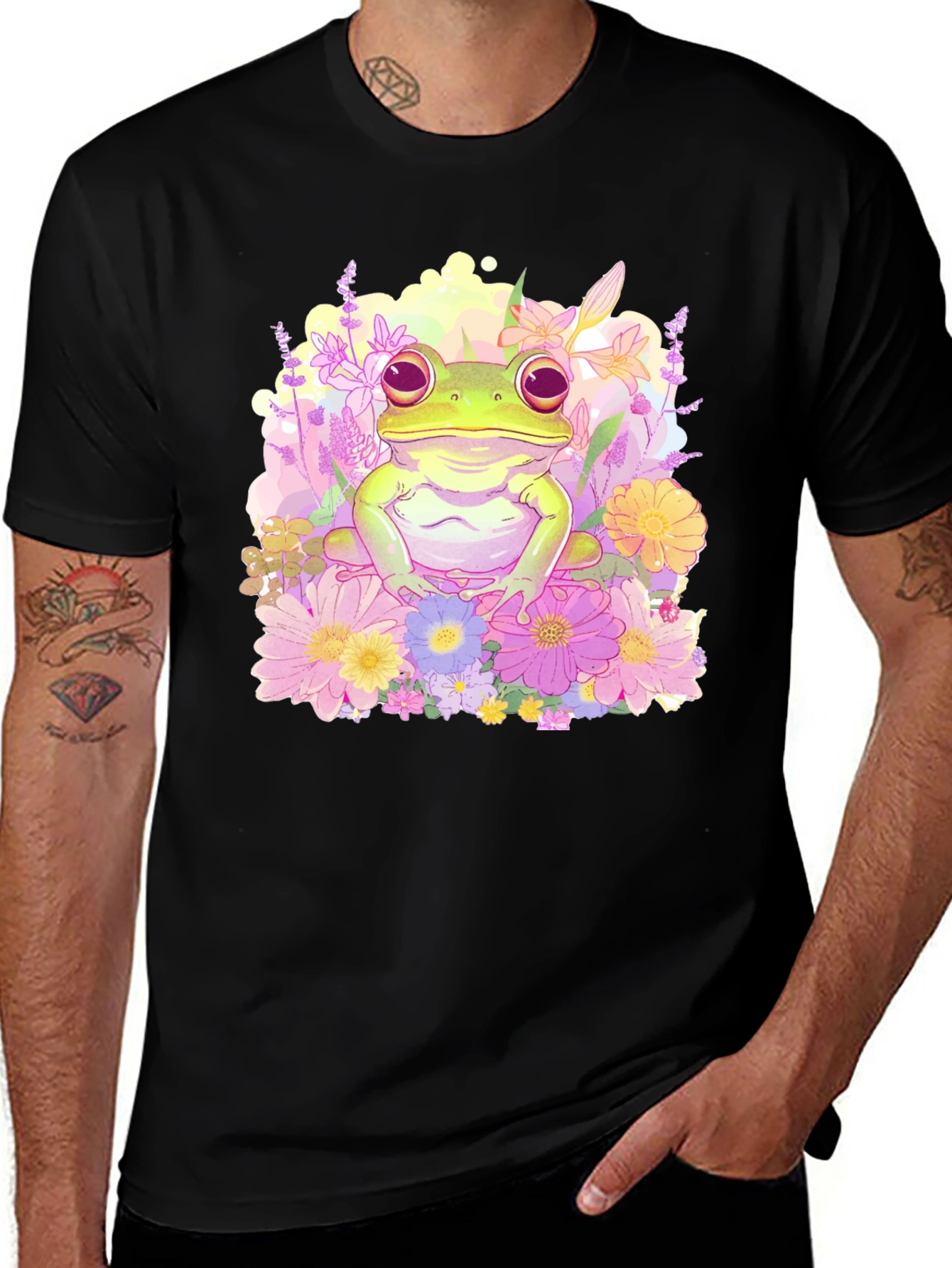 Variant 27 of Floral Frog Graphic Tee - Black Cotton T-Shirt