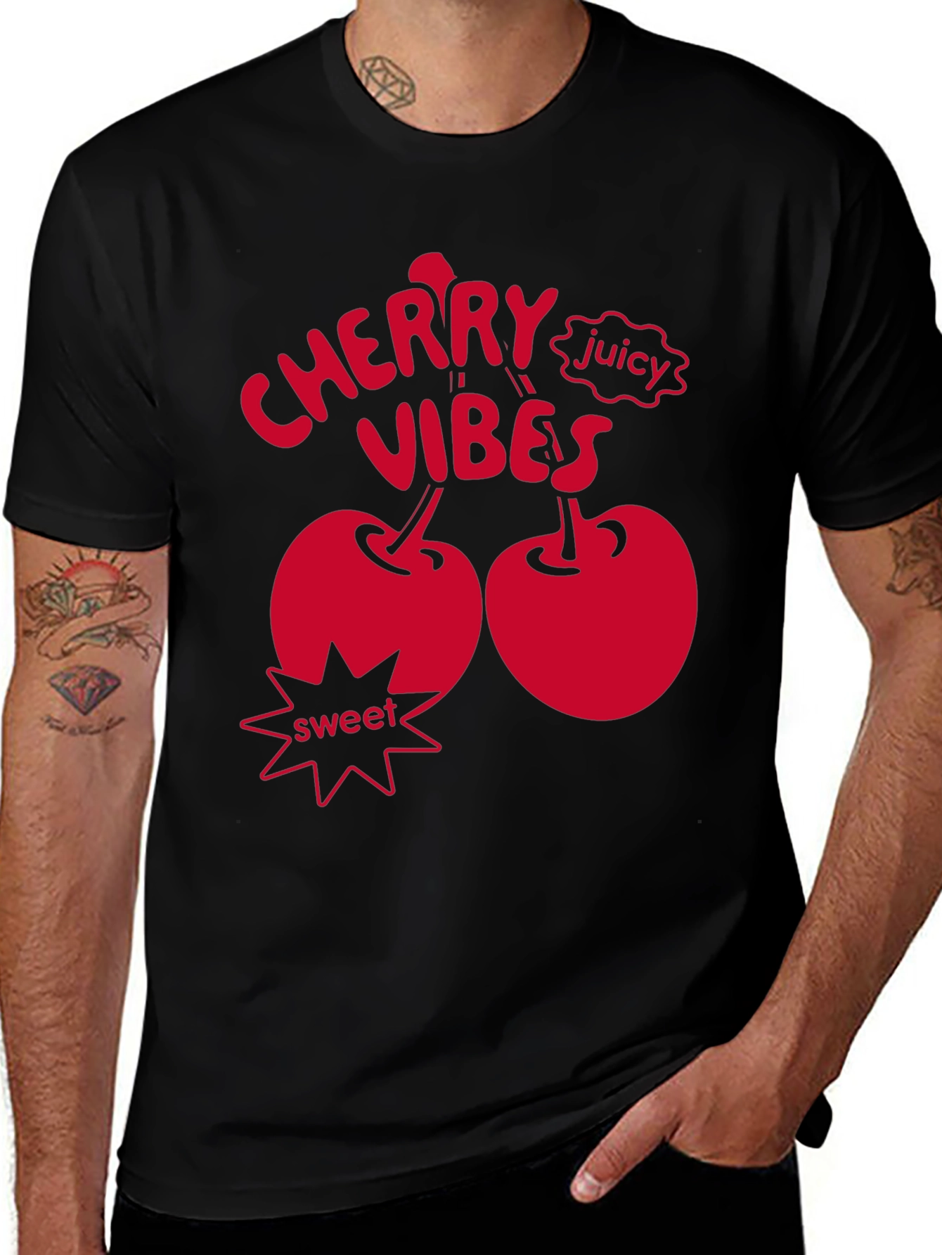Variant 8 of Cherry Vibes Black T-Shirt with Red Graphic