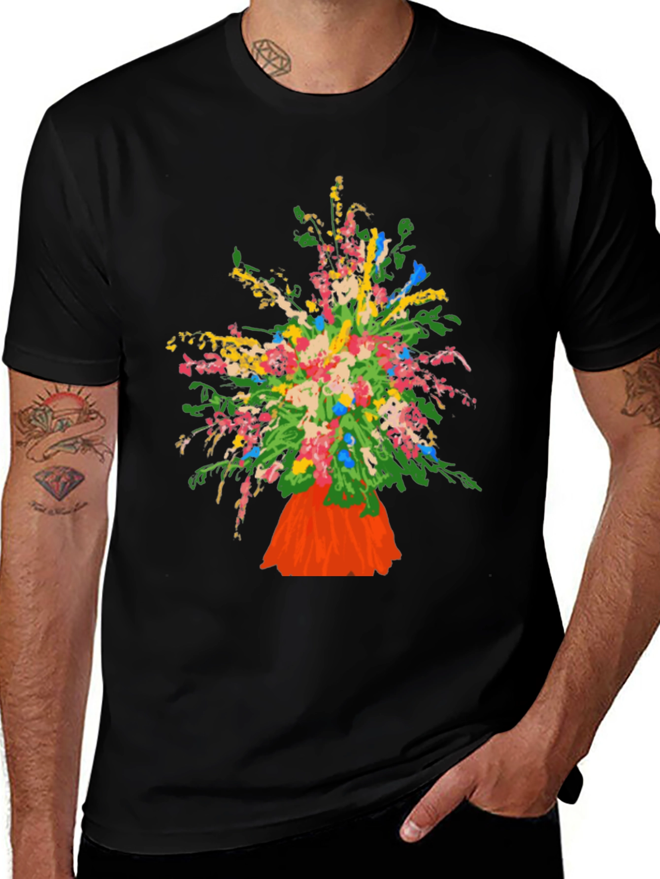 Floral Bouquet Graphic Tee - Black Casual T-Shirt