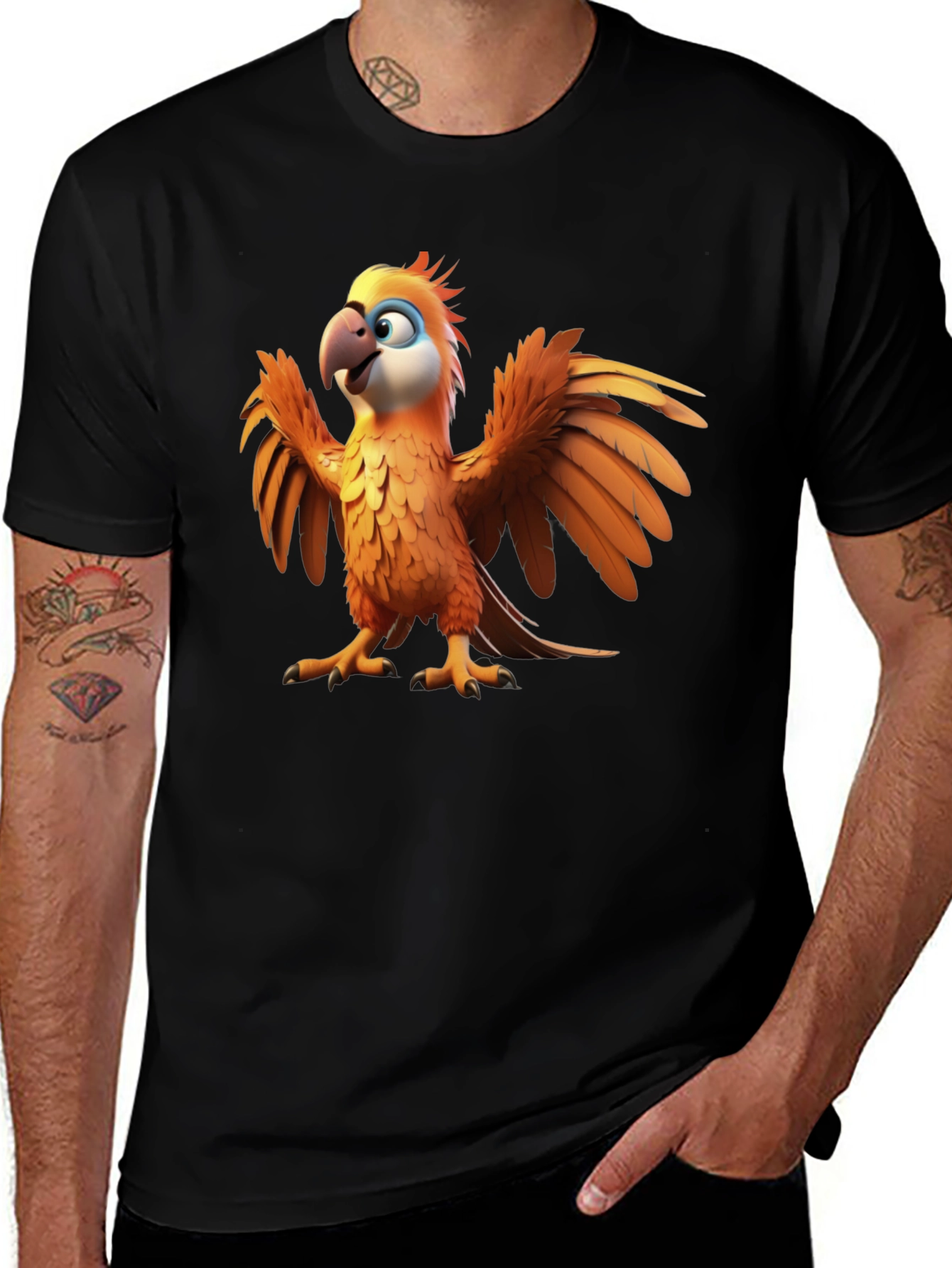 Variant 17 of Cartoon Parrot Graphic Tee - Black Cotton T-Shirt
