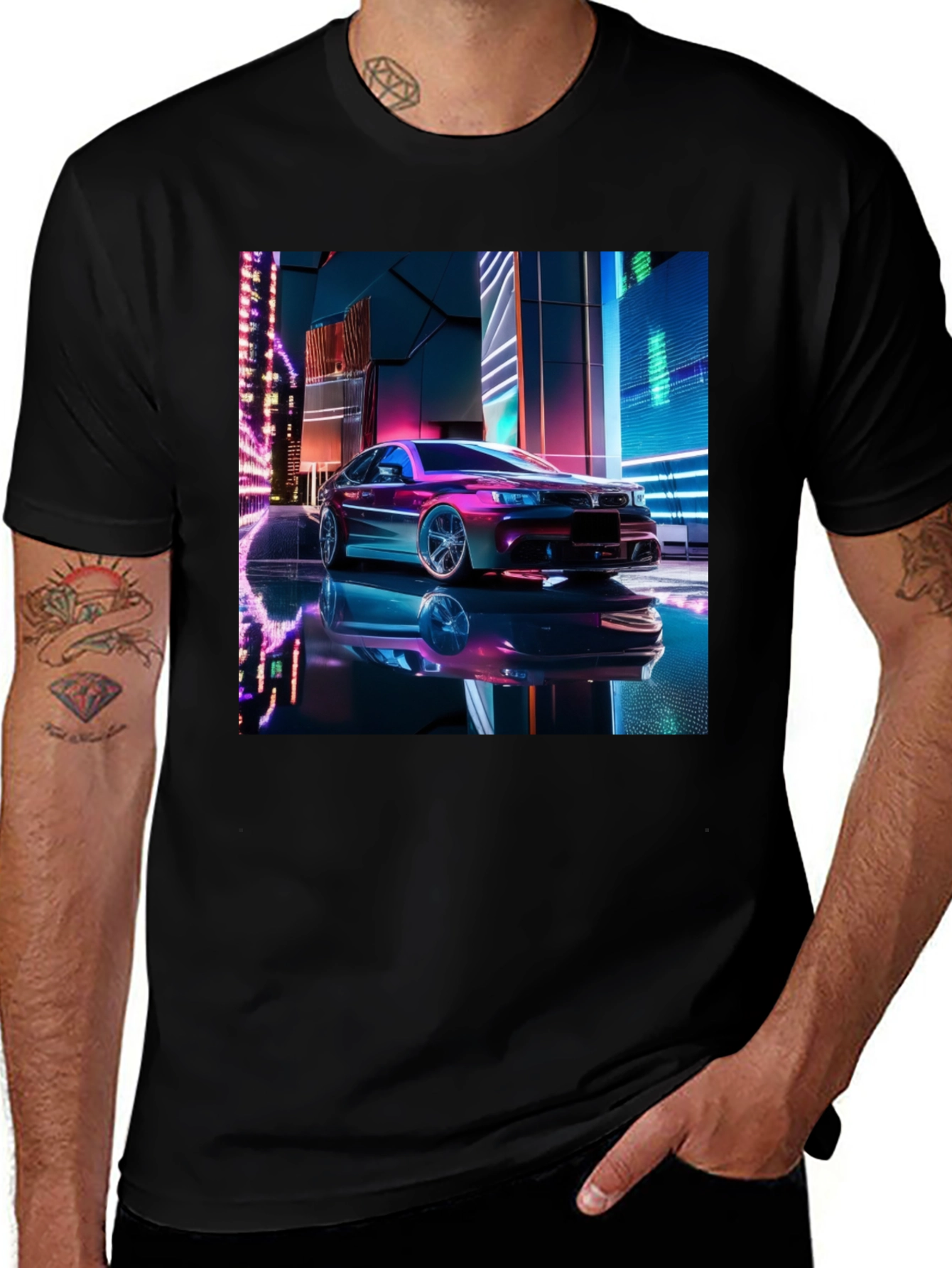 Neon Car Graphic Tee - Futuristic Style Black T-Shirt