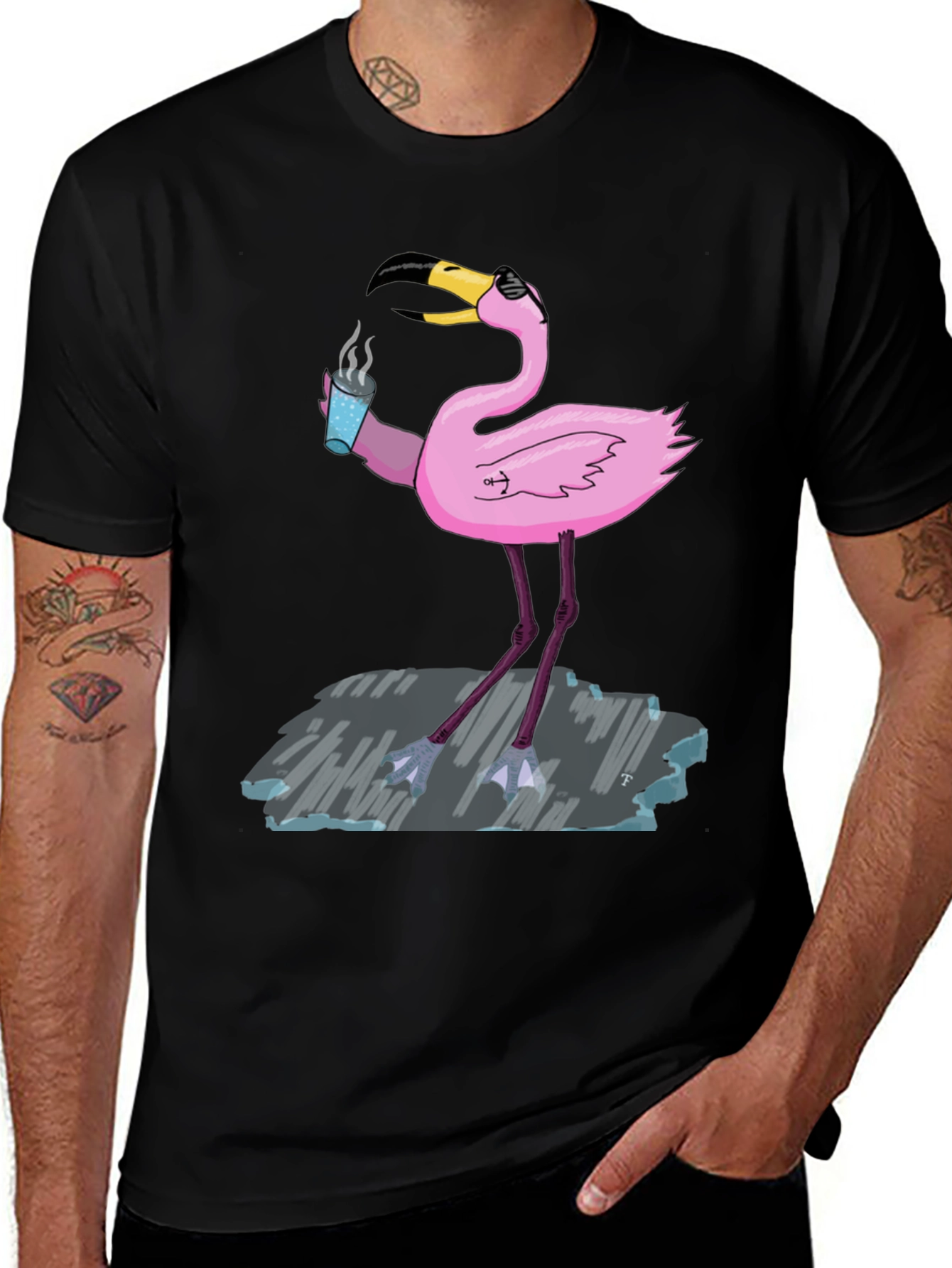 Variant 19 of Cool Flamingo Drinking Coffee Graphic Tee