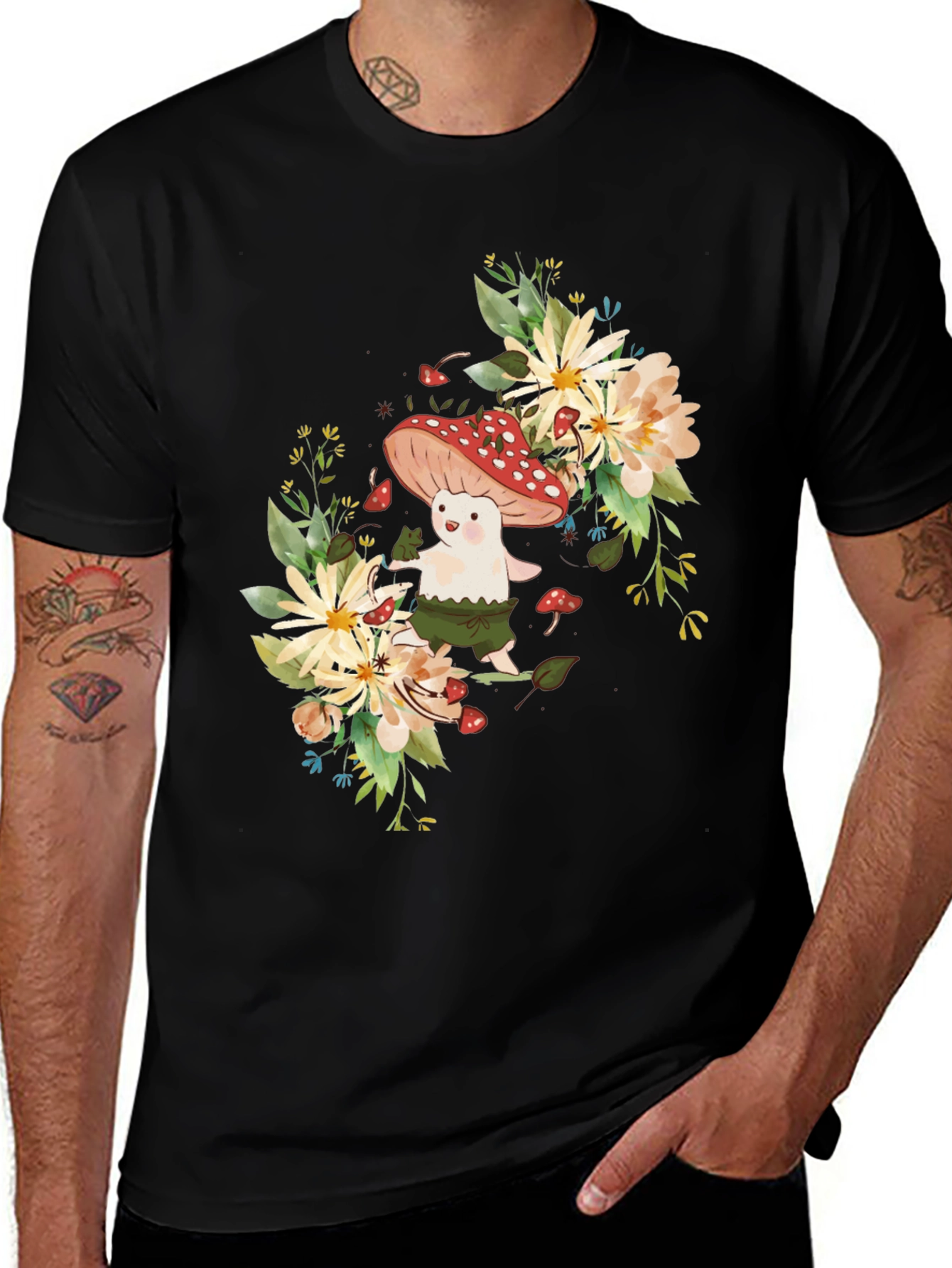 Variant 18 of Mushroom & Floral Graphic Black Tee