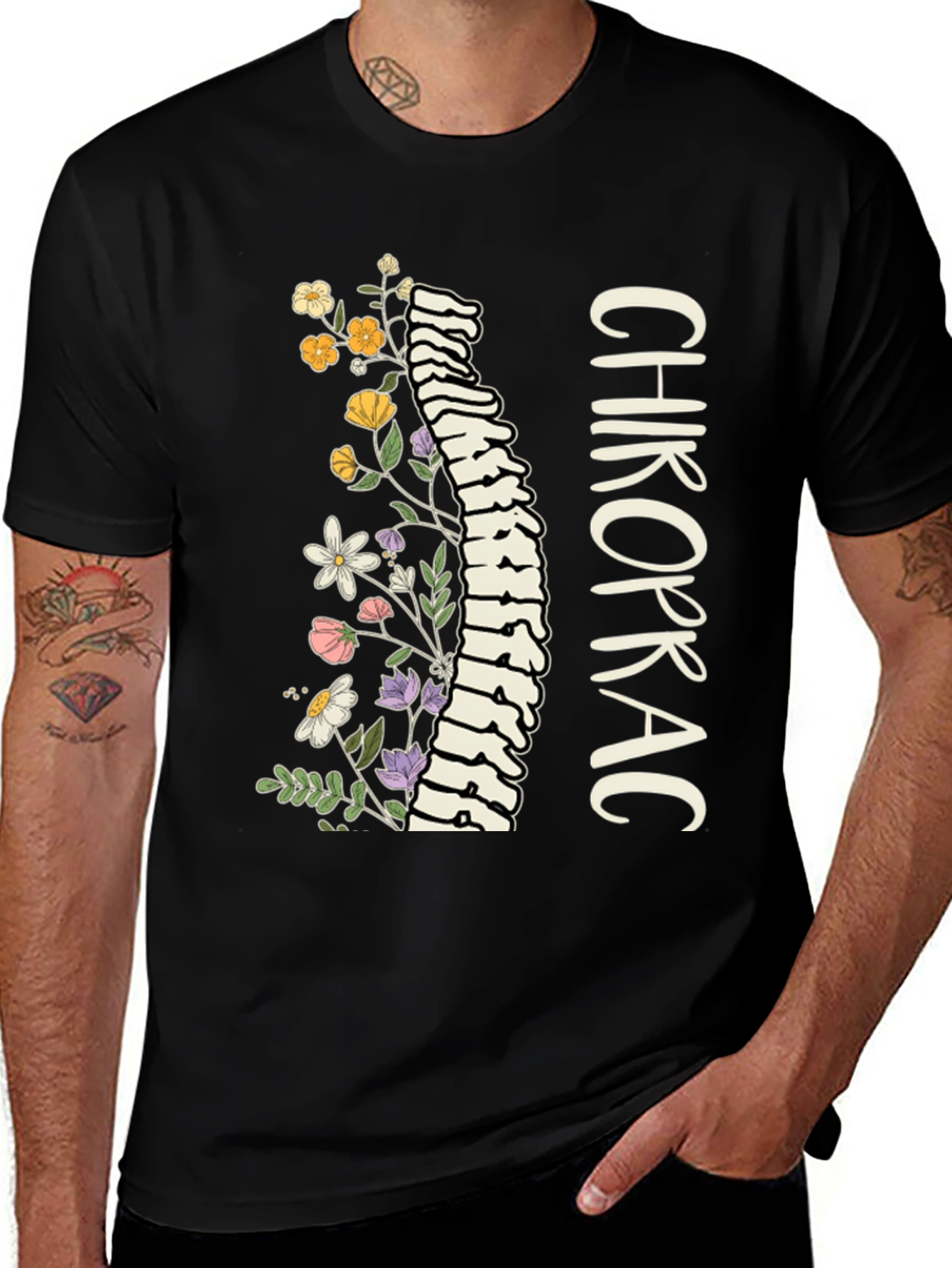 Variant 23 of Chiropractor Floral Spine Black T-Shirt