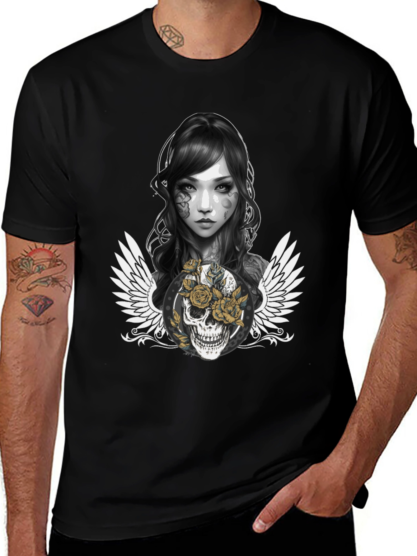 Variant 10 of Gothic Skull & Rose Graphic Tee - Unisex Black T-Shirt