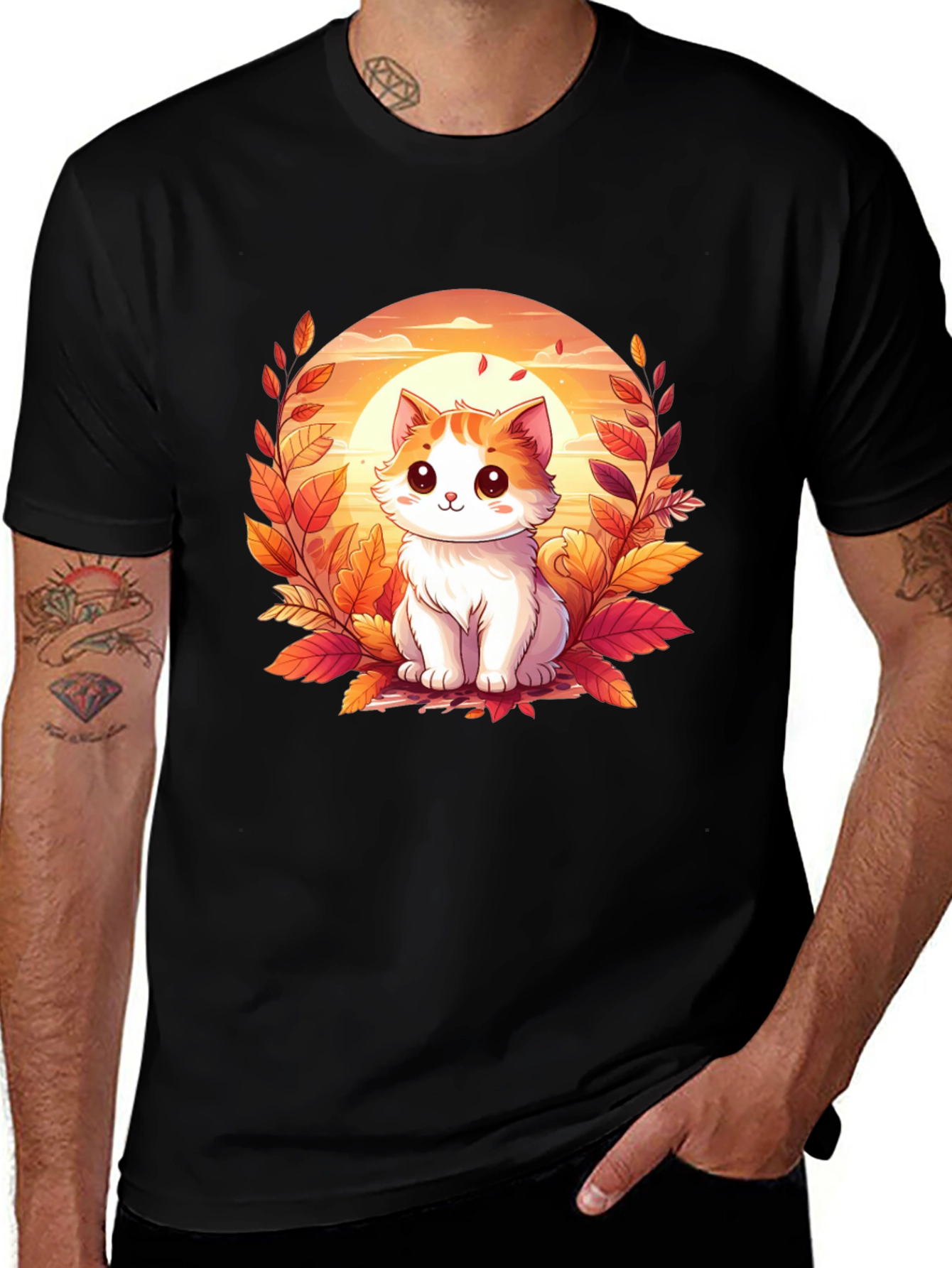 Variant 4 of Cute Cat Fall Leaves Graphic T-Shirt