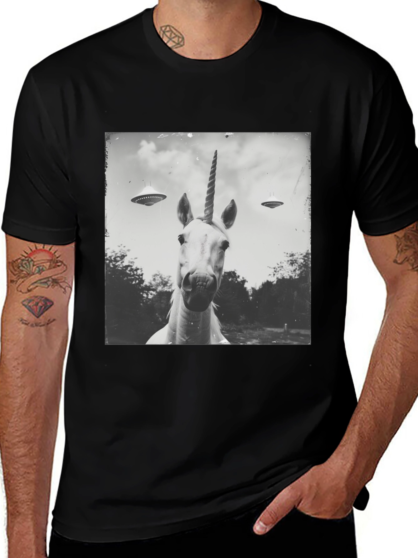 Variant 10 of Unicorn UFO T-Shirt - Black Cotton Tee