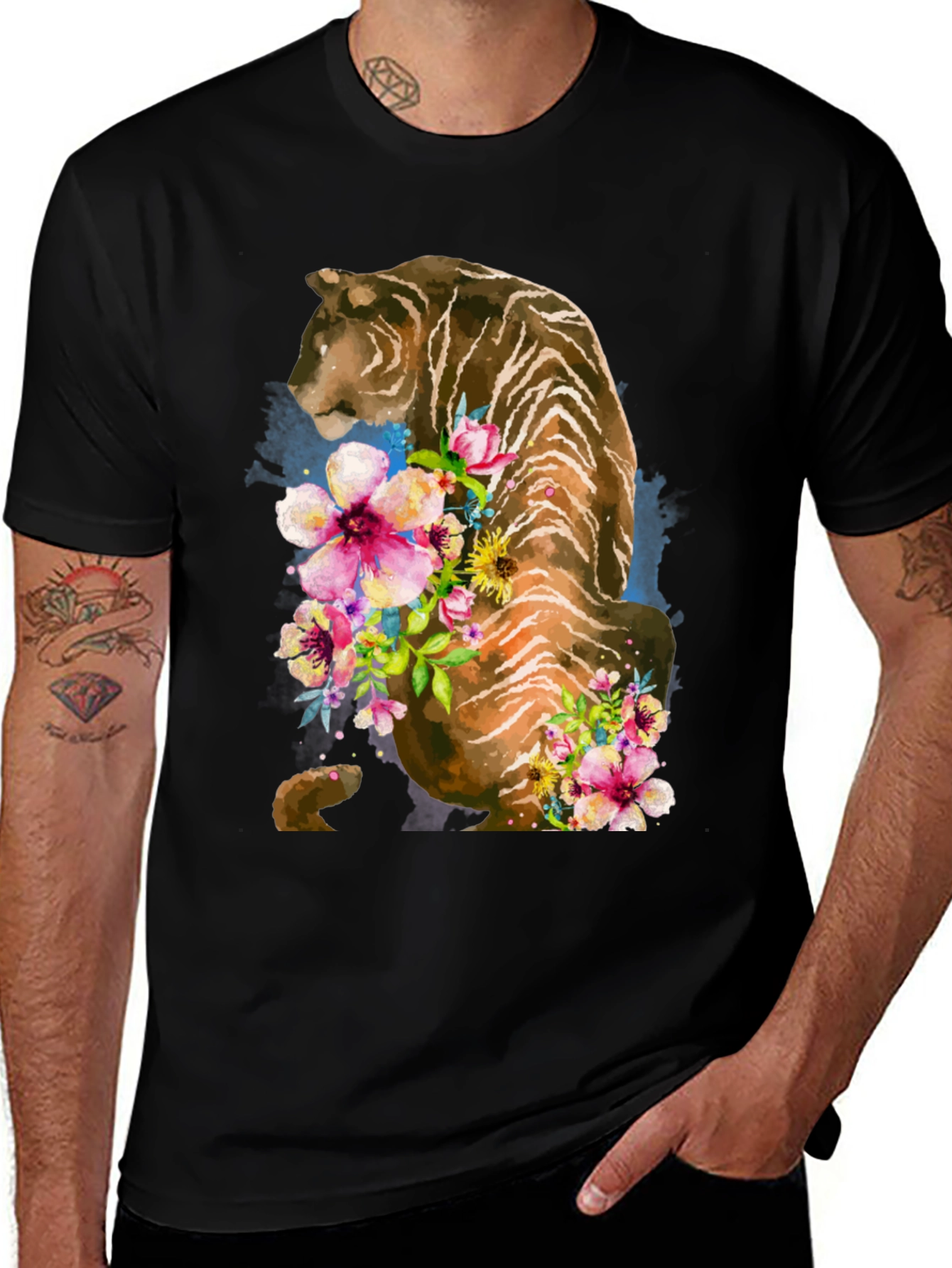 Variant 7 of Floral Tiger Graphic Tee - Stylish Black T-Shirt