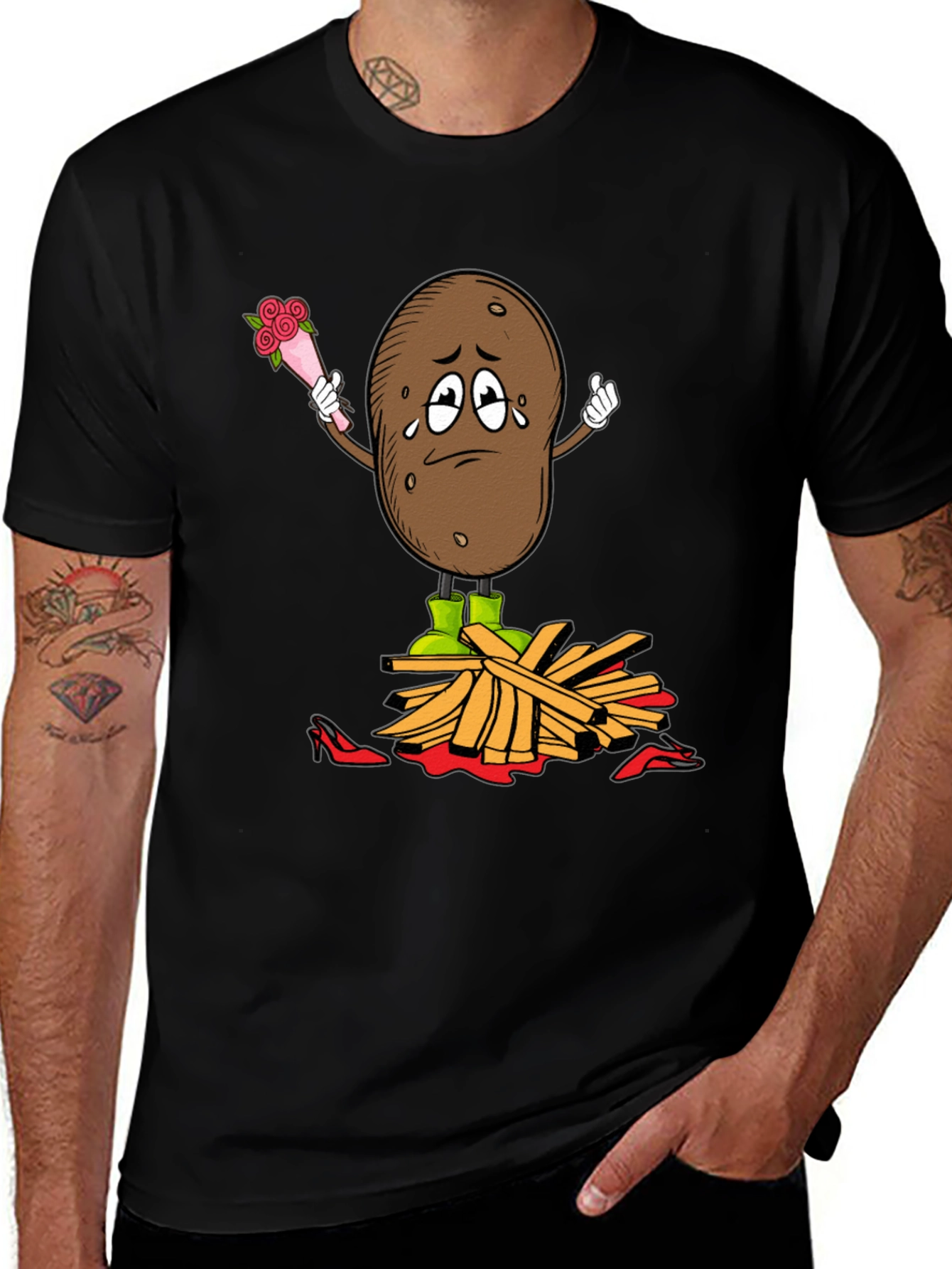 Variant 29 of Sad Potato & Fries Graphic Tee - Unisex Black T-Shirt